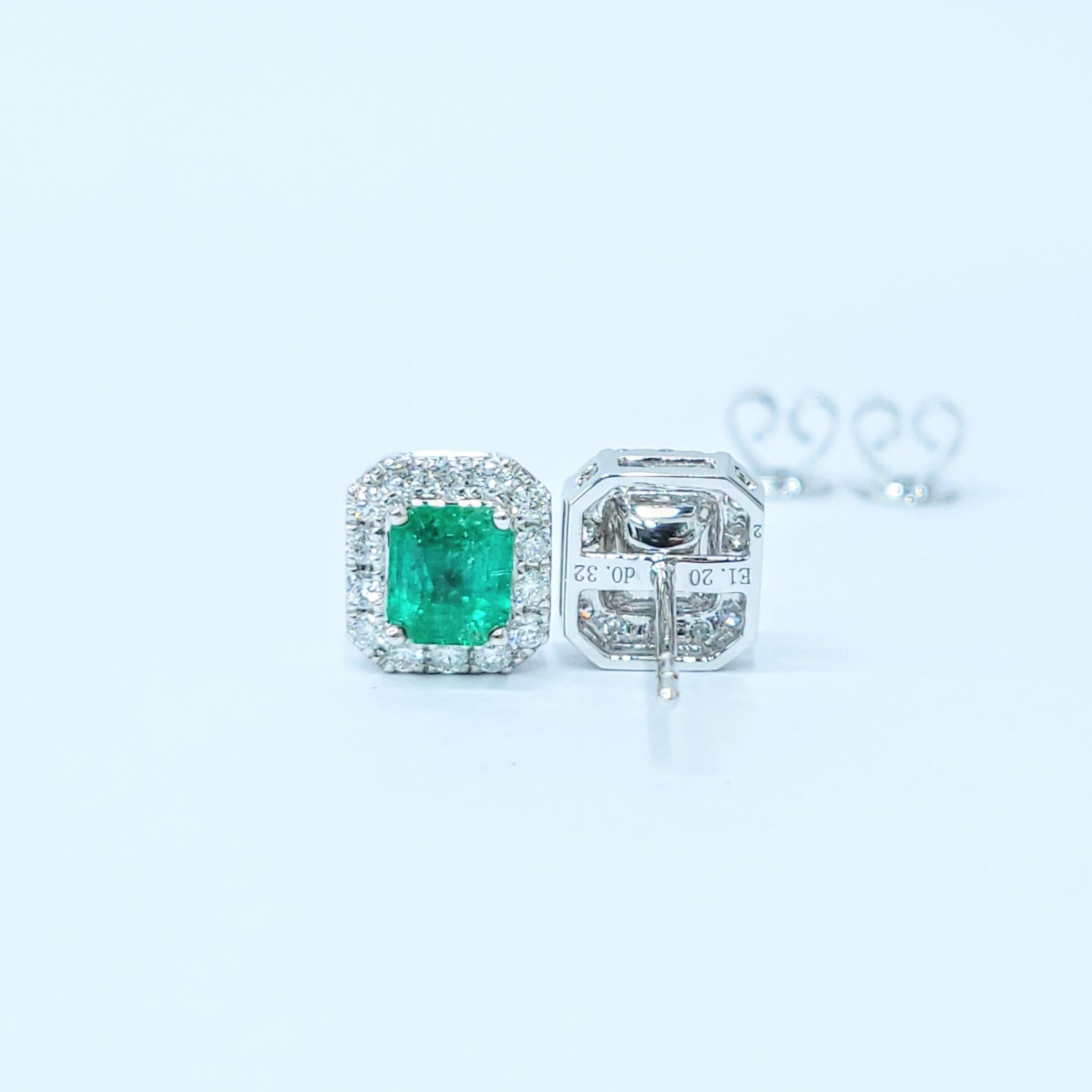 Boucles d'oreilles en or blanc 18 carats avec émeraude colombienne certifiée IGI de 1,20ct et diamant Pour femmes en vente