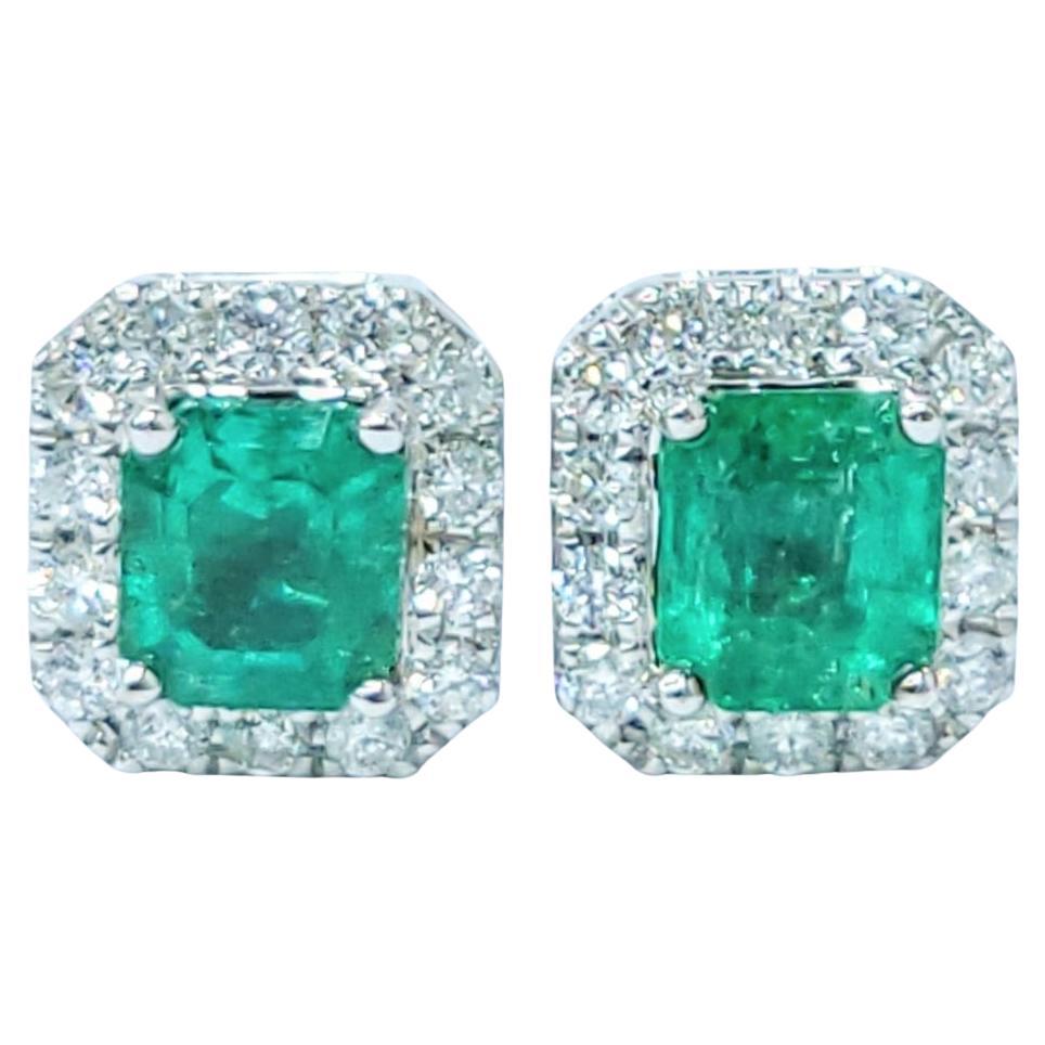 Boucles d'oreilles en or blanc 18 carats avec émeraude colombienne certifiée IGI de 1,20ct et diamant