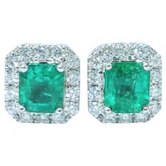 Boucles d'oreilles en or blanc 18 carats avec émeraude colombienne certifiée IGI de 1,20ct et diamant