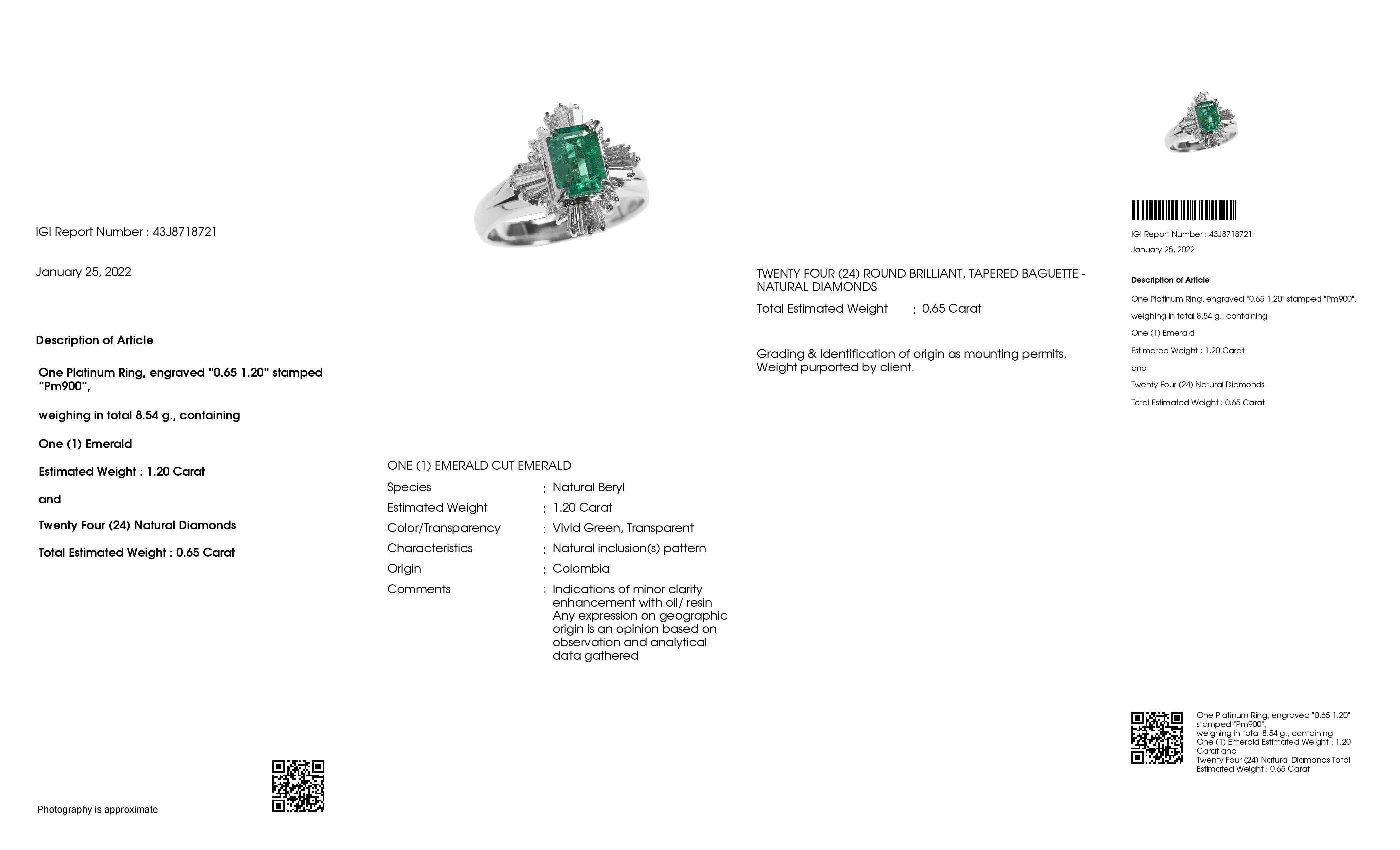IGI-zertifizierter 1,20ct Vivid Green Emerald 0,65ct Natural Diamonds Platinring im Angebot 3