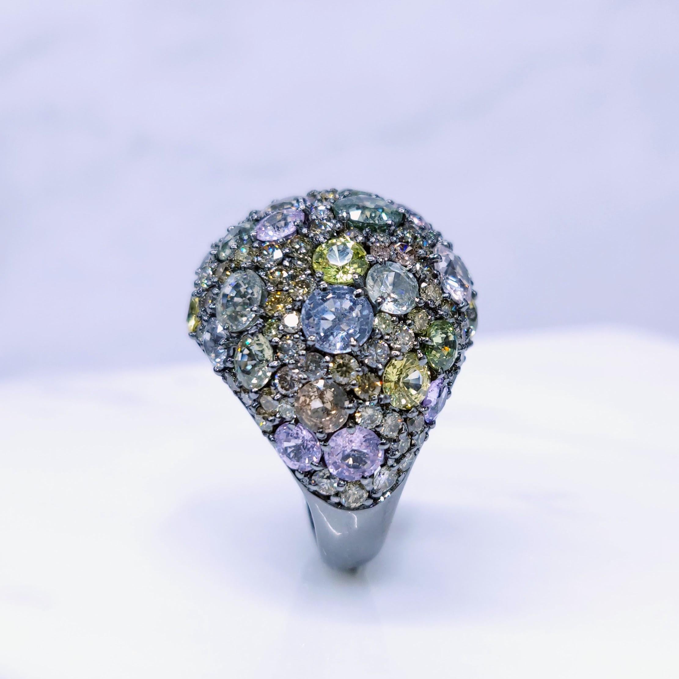 IGI Certified 12.18ct Multicolor Sapphire & 2.68ct Diamond Ring in 18K BlackGold For Sale 1
