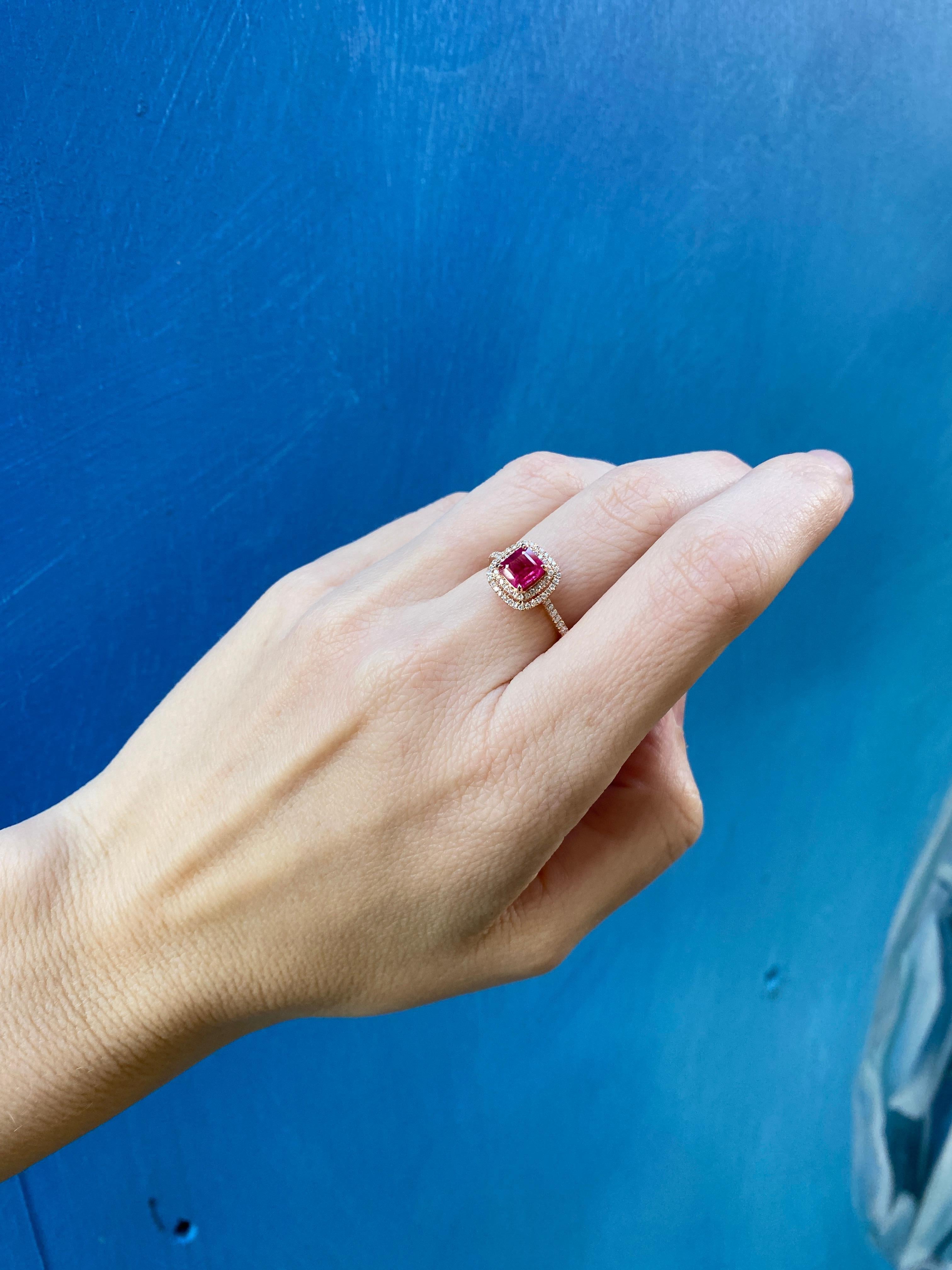 IGI Certified 1.24 Carat Emerald Cut Natural Ruby & Diamond Double Halo Ring For Sale 6