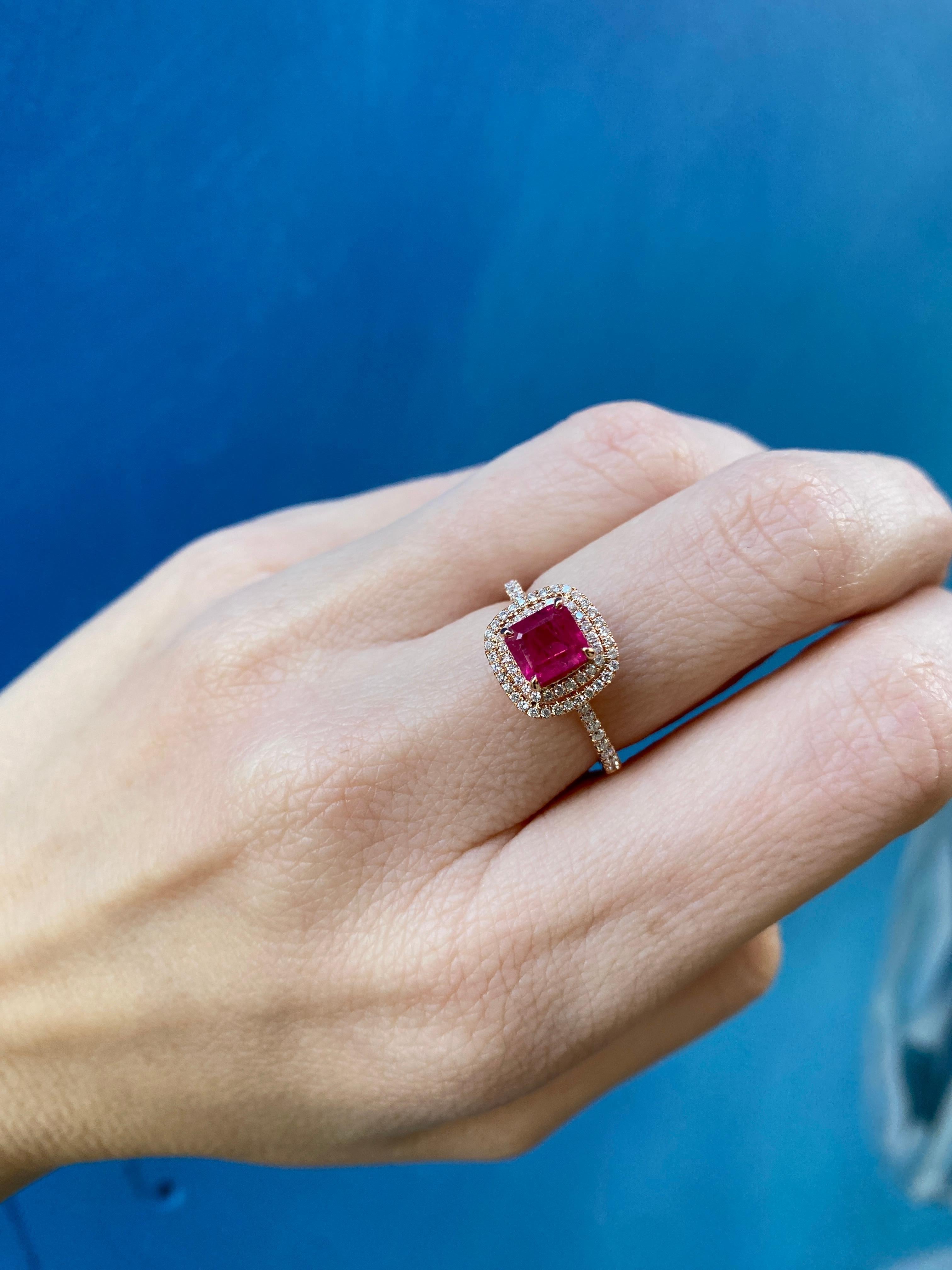 IGI Certified 1.24 Carat Emerald Cut Natural Ruby & Diamond Double Halo Ring For Sale 7