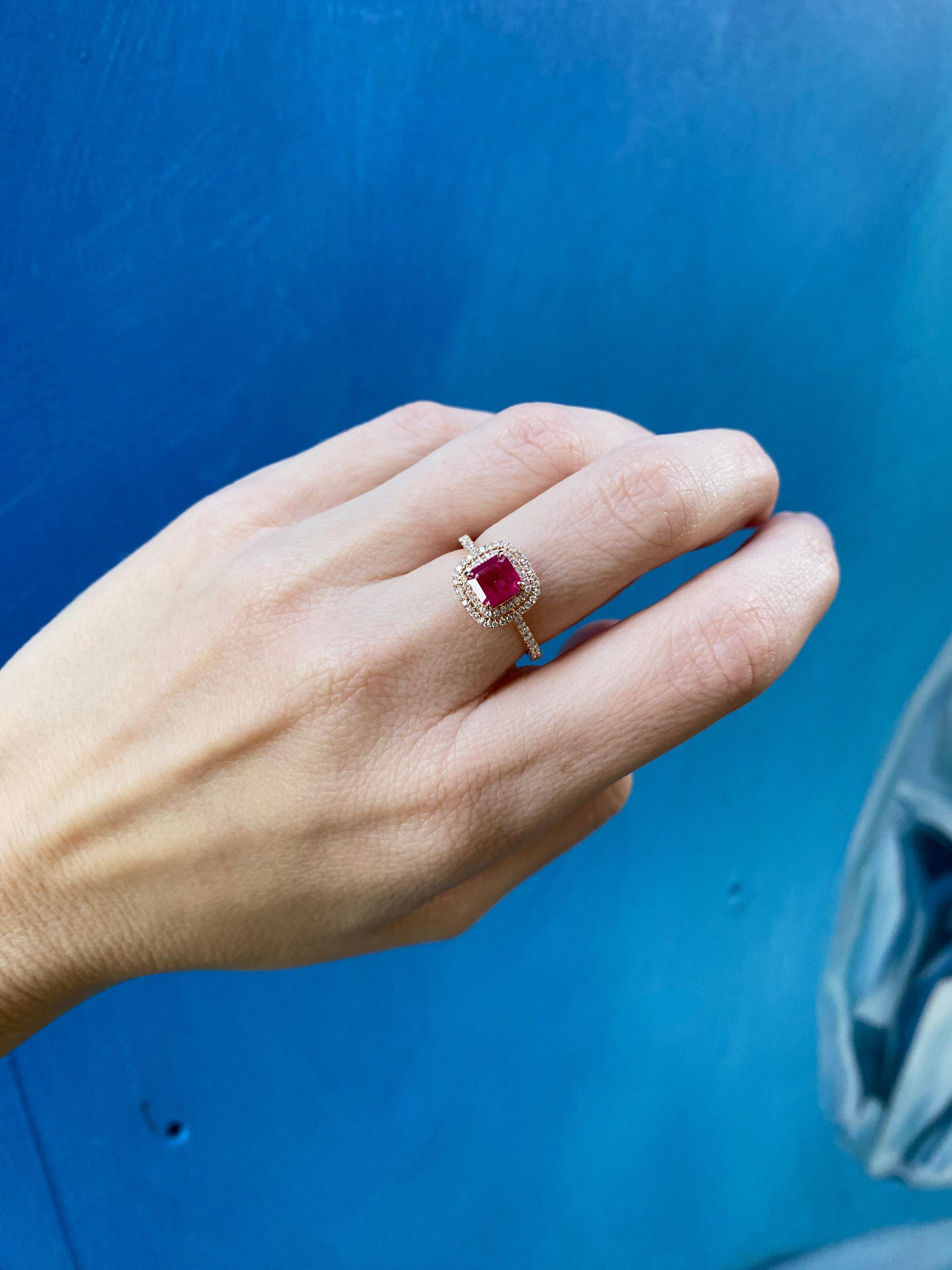 IGI Certified 1.24 Carat Emerald Cut Natural Ruby & Diamond Double Halo Ring For Sale 8