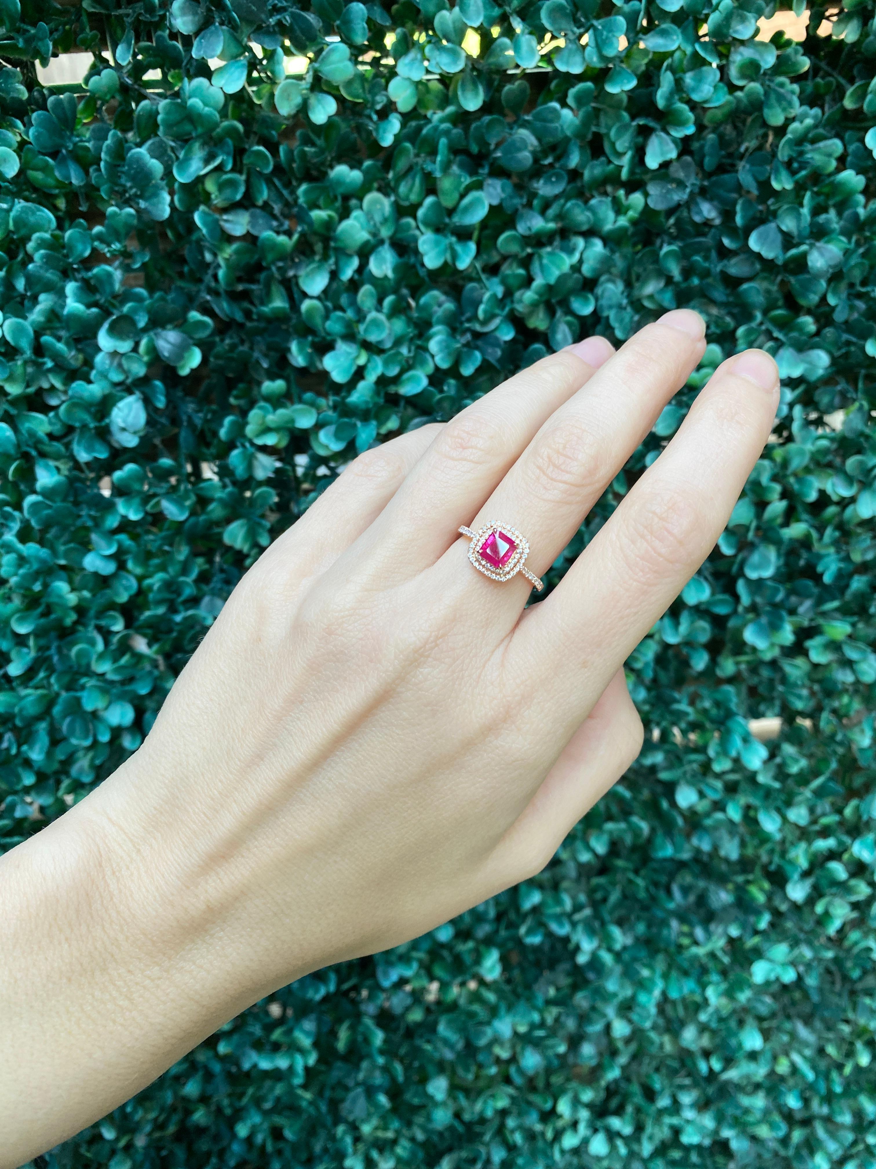 IGI Certified 1.24 Carat Emerald Cut Natural Ruby & Diamond Double Halo Ring For Sale 9