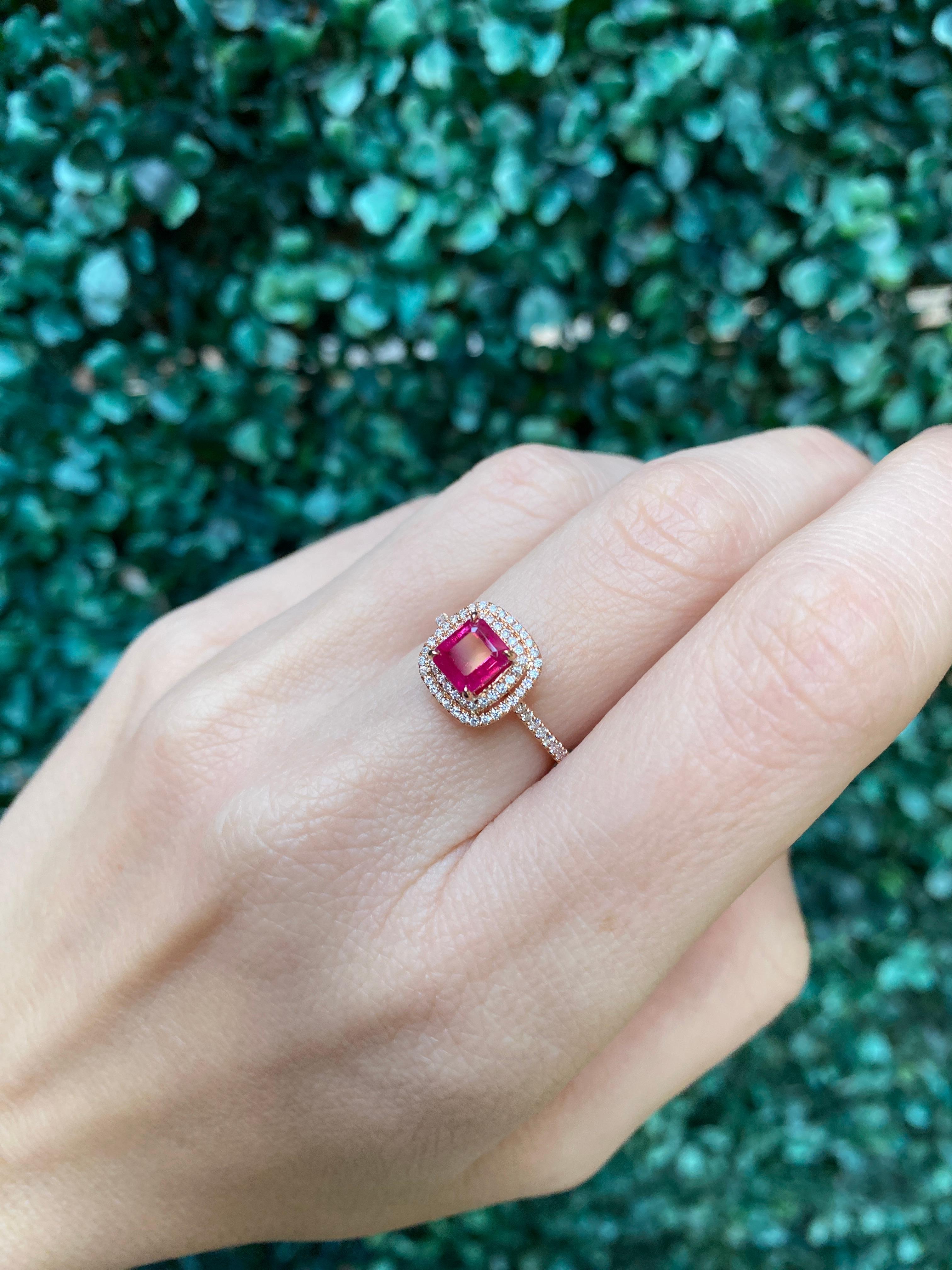 IGI Certified 1.24 Carat Emerald Cut Natural Ruby & Diamond Double Halo Ring For Sale 11
