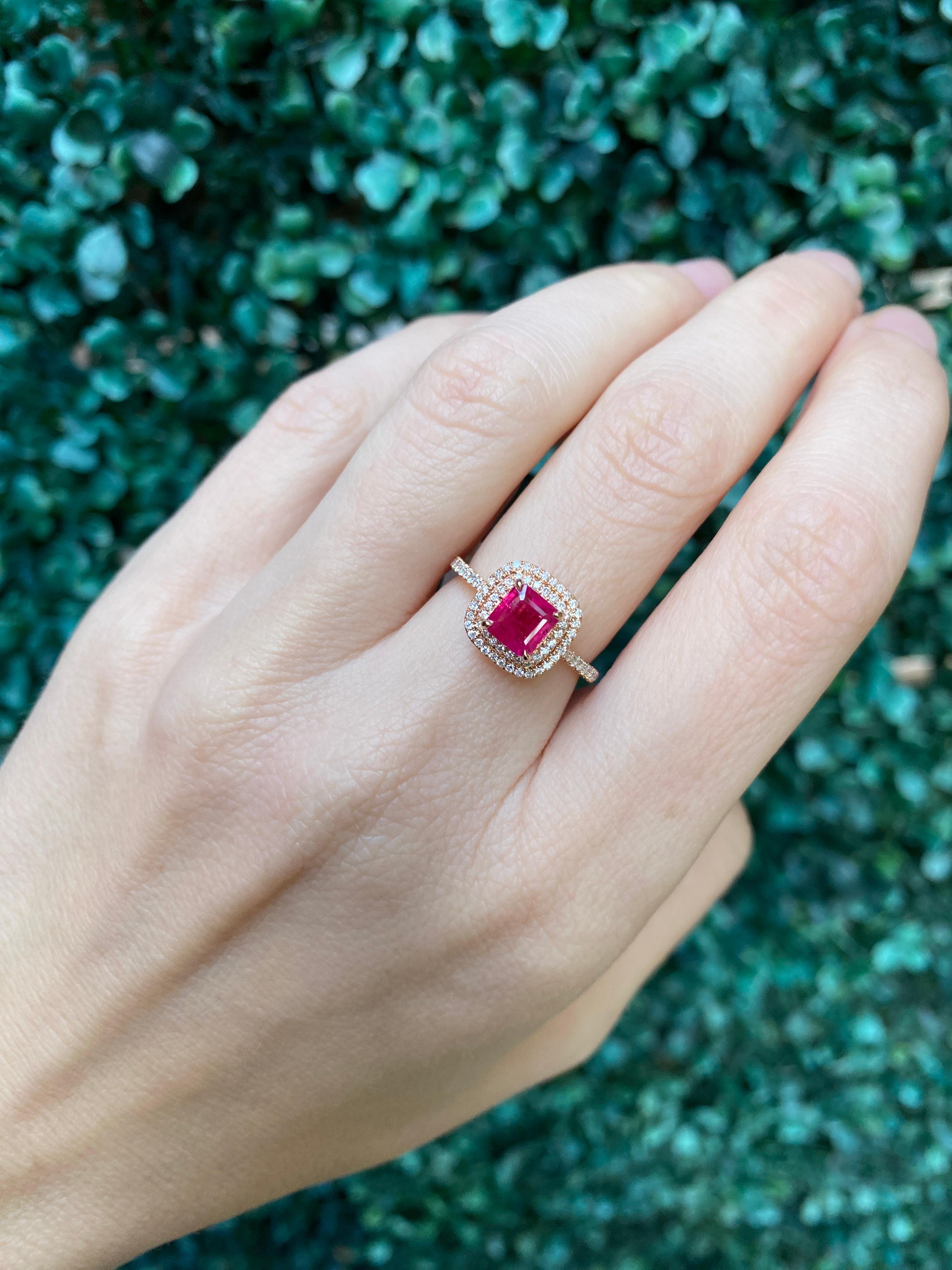IGI Certified 1.24 Carat Emerald Cut Natural Ruby & Diamond Double Halo Ring For Sale 12