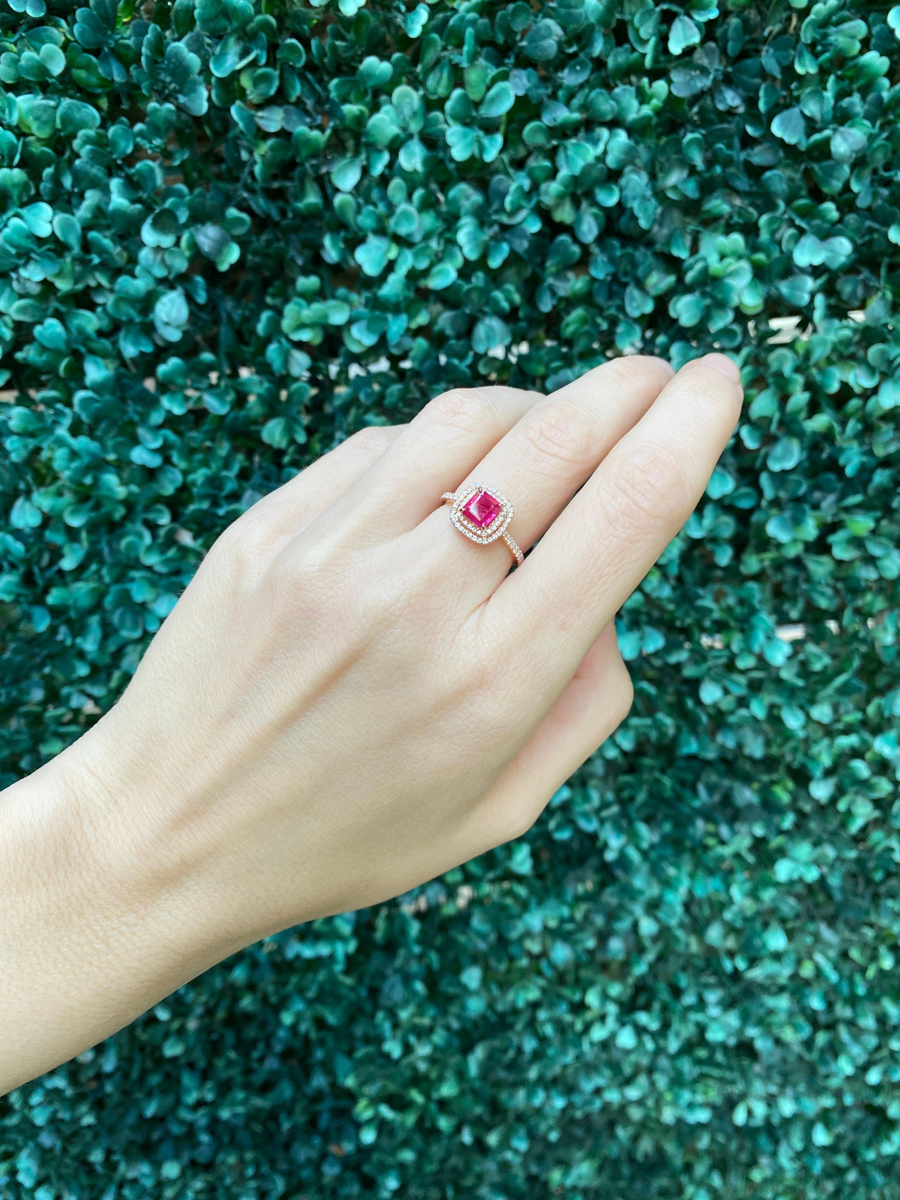IGI Certified 1.24 Carat Emerald Cut Natural Ruby & Diamond Double Halo Ring For Sale 13