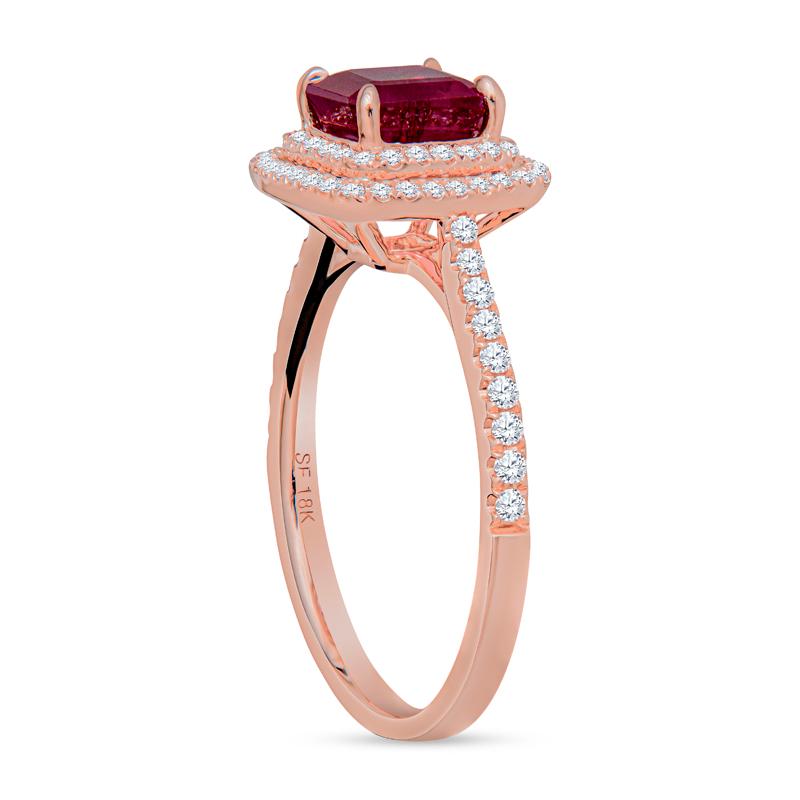 IGI Certified 1.24 Carat Emerald Cut Natural Ruby & Diamond Double Halo Ring In New Condition For Sale In Houston, TX