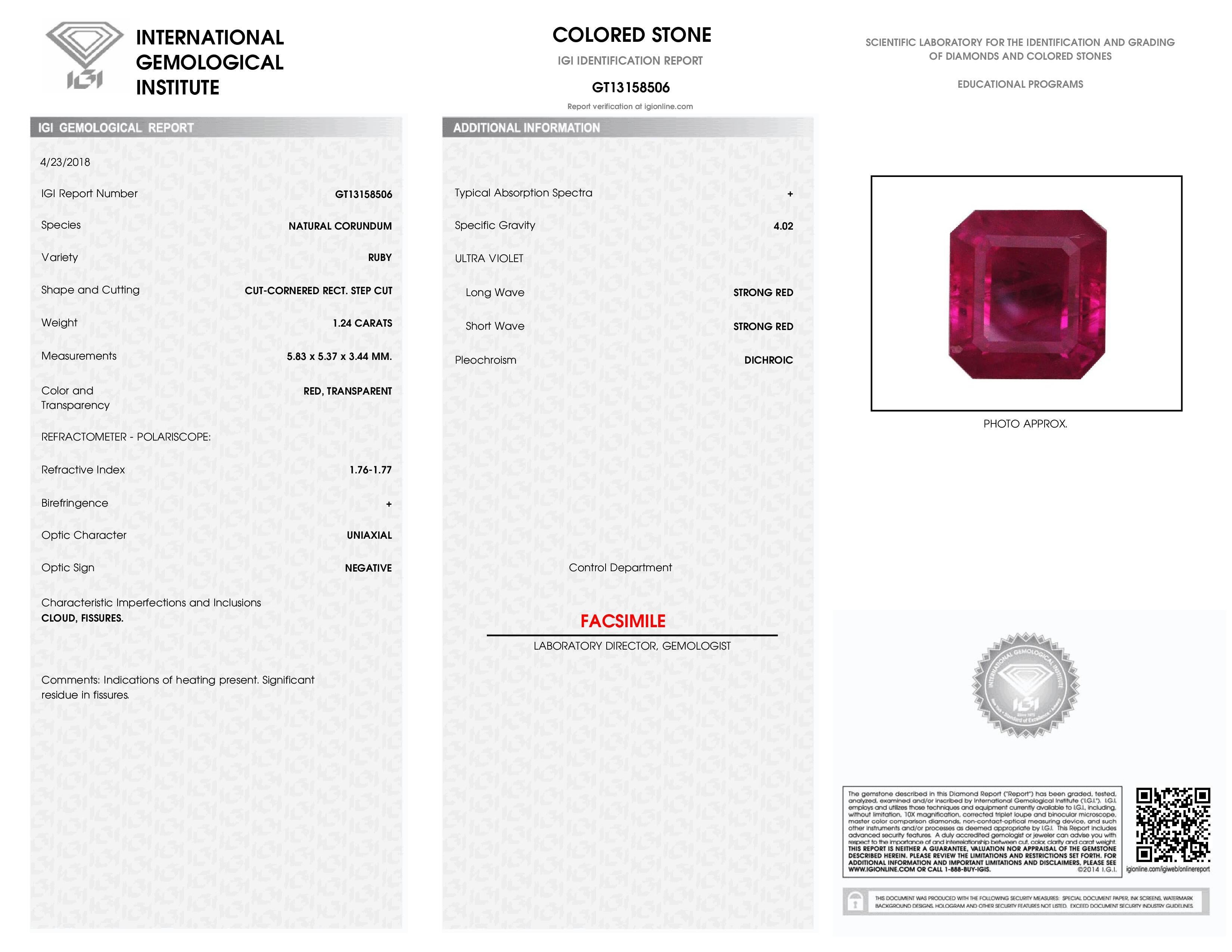 Women's or Men's IGI Certified 1.24 Carat Emerald Cut Natural Ruby & Diamond Double Halo Ring For Sale