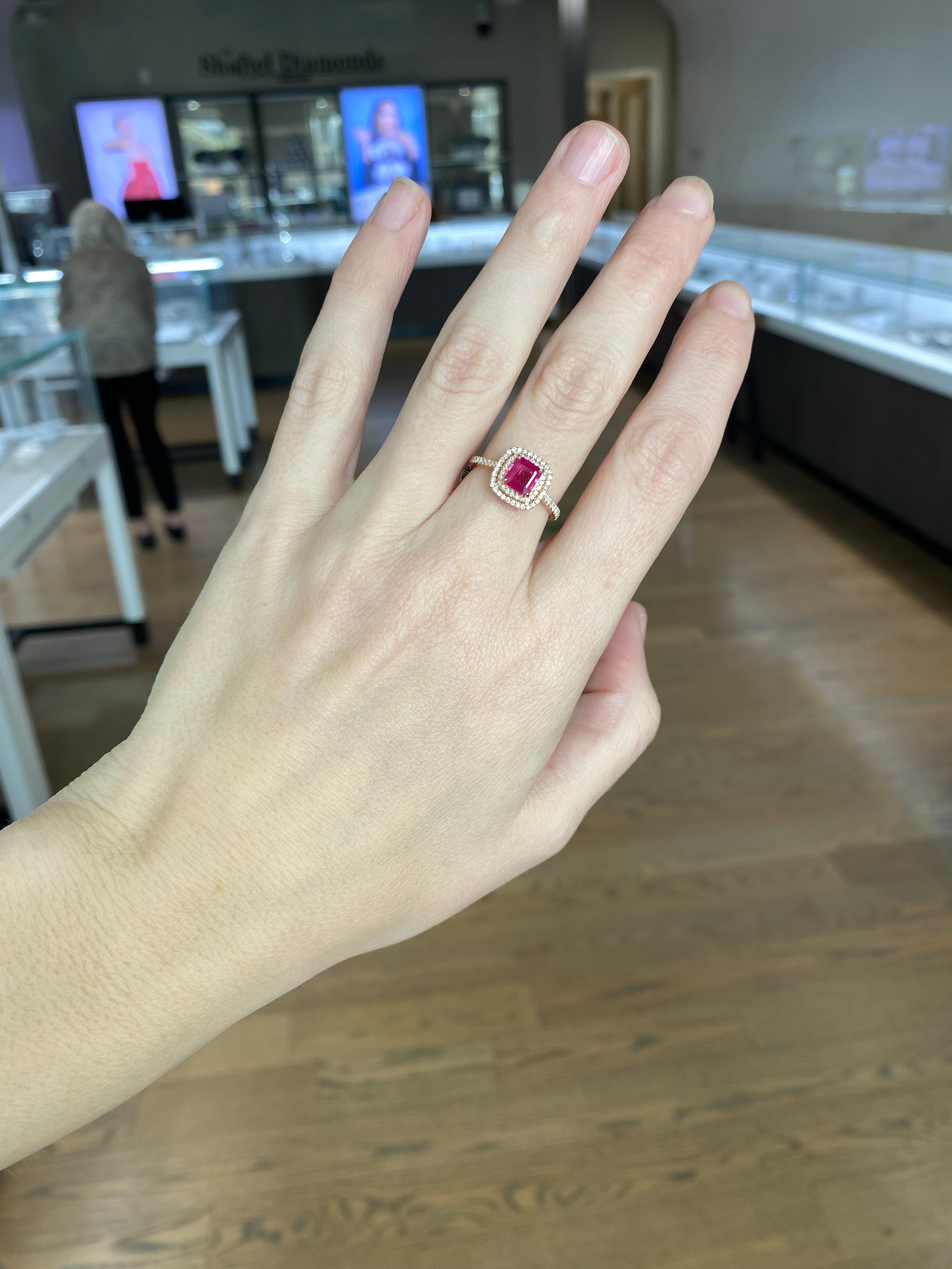 IGI Certified 1.24 Carat Emerald Cut Natural Ruby & Diamond Double Halo Ring For Sale 2