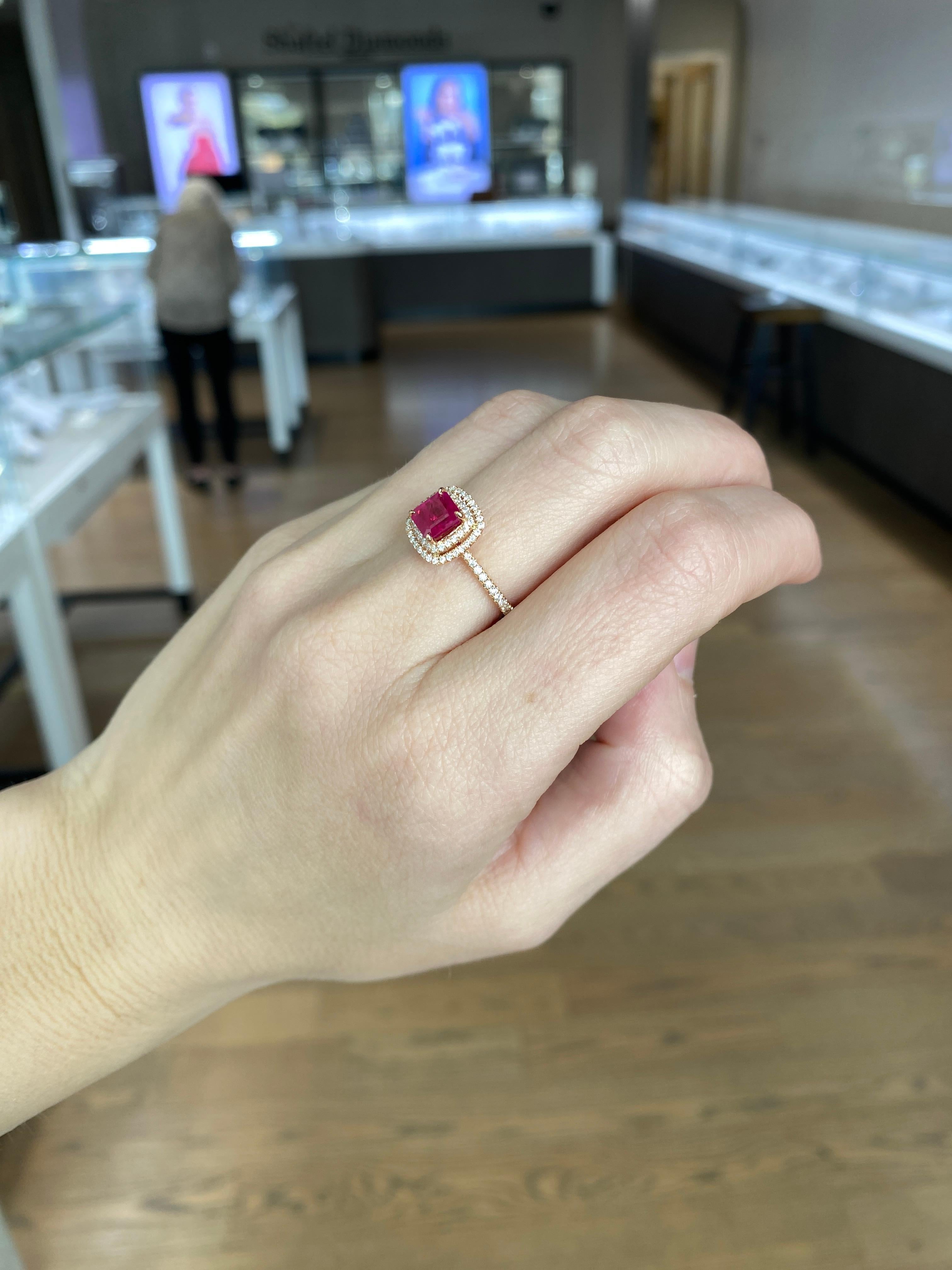 IGI Certified 1.24 Carat Emerald Cut Natural Ruby & Diamond Double Halo Ring For Sale 3