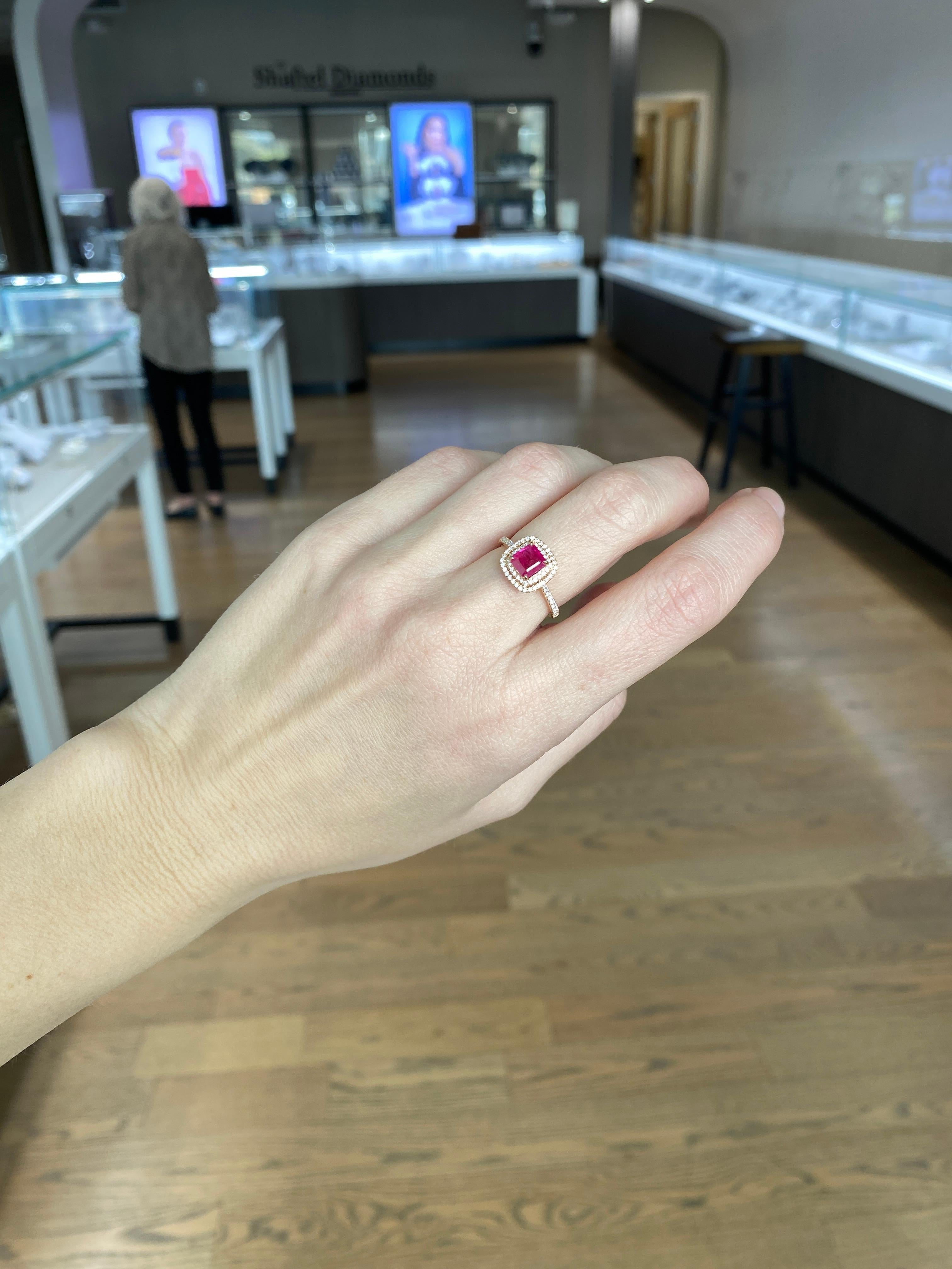 IGI Certified 1.24 Carat Emerald Cut Natural Ruby & Diamond Double Halo Ring For Sale 5