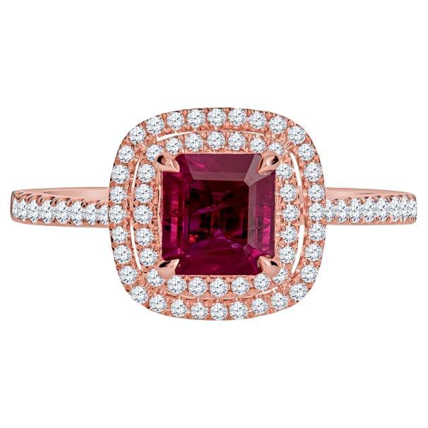 IGI Certificado 1,24 Quilates Rubí Natural Corte Esmeralda y Diamante Anillo Doble Halo