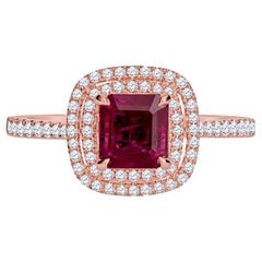 IGI Certificado 1,24 Quilates Rubí Natural Corte Esmeralda y Diamante Anillo Doble Halo