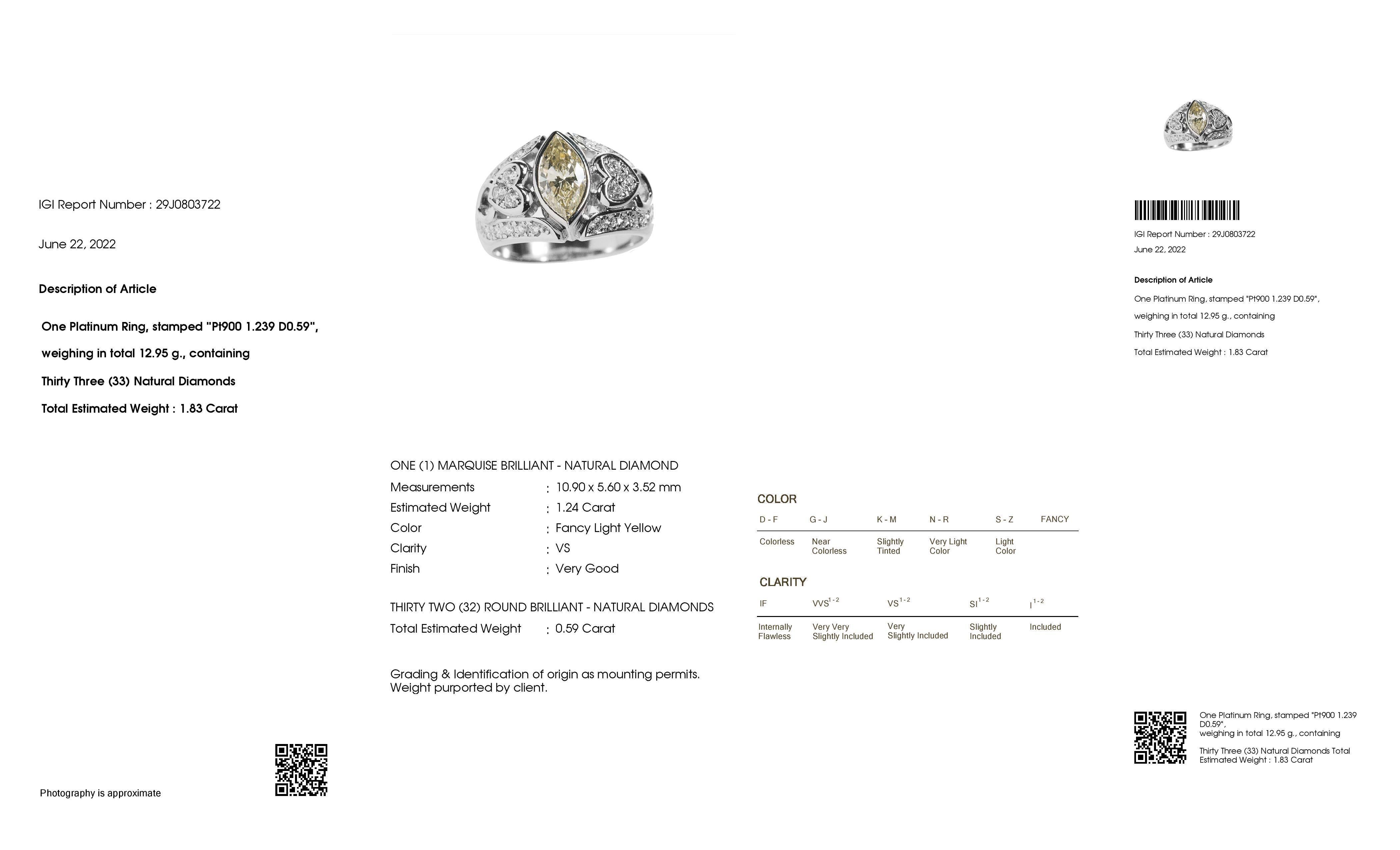 IGI Certified 1.24ct Natural Fancy Yellow Diamond Platinum Ring In New Condition For Sale In Hong Kong, HK