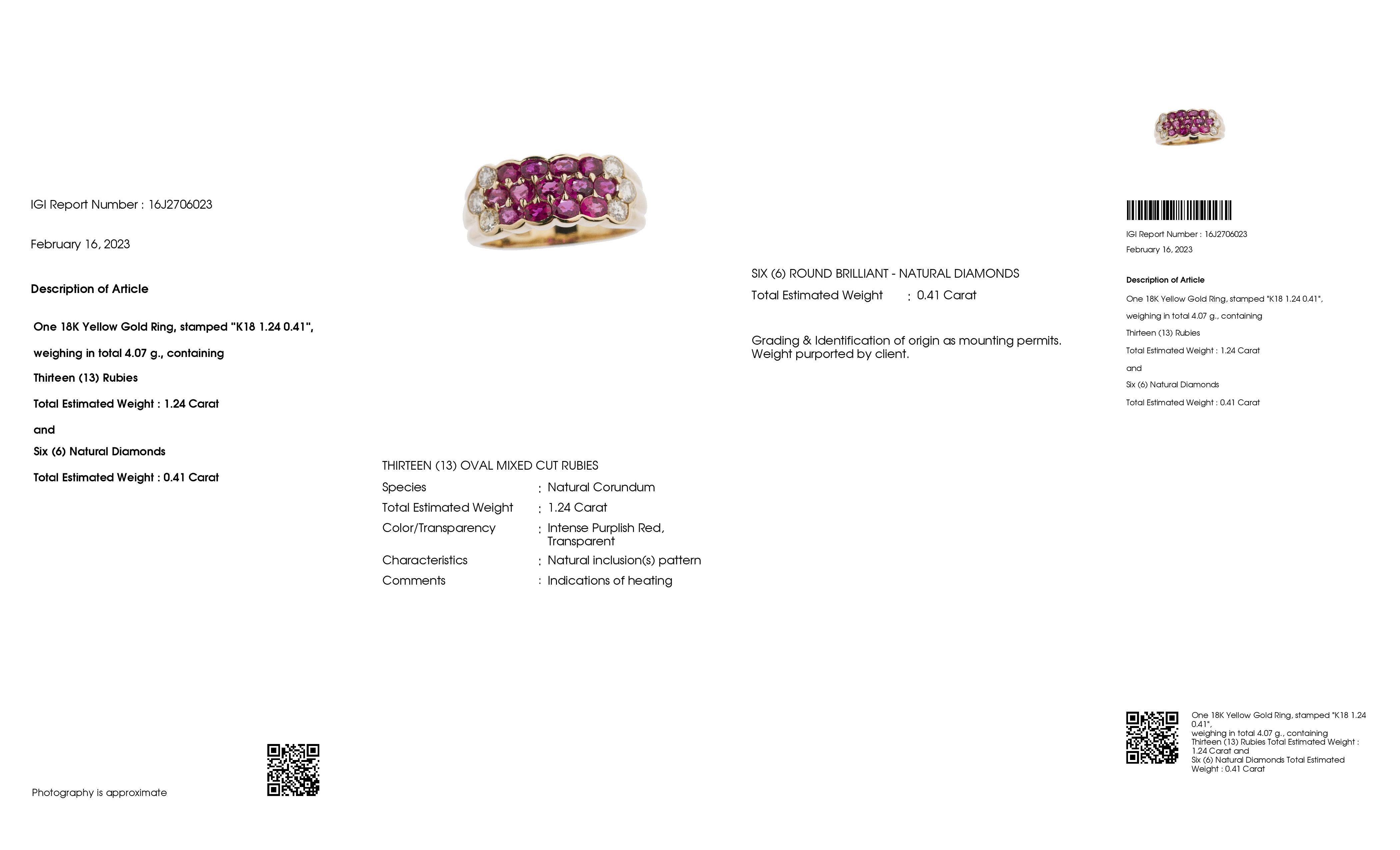 IGI Certified 1.24ct Natural Rubies and 0.41ct Diamonds 18k Yellow Gold Ring For Sale 1