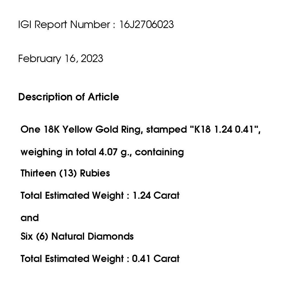 IGI Certified 1.24ct Natural Rubies and 0.41ct Diamonds 18k Yellow Gold Ring 3