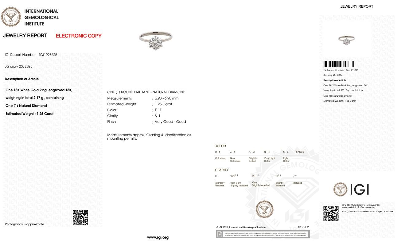 IGI Certified 1.25 Carat  Brilliant Diamond Engagement Ring in 18K White Gold For Sale 8