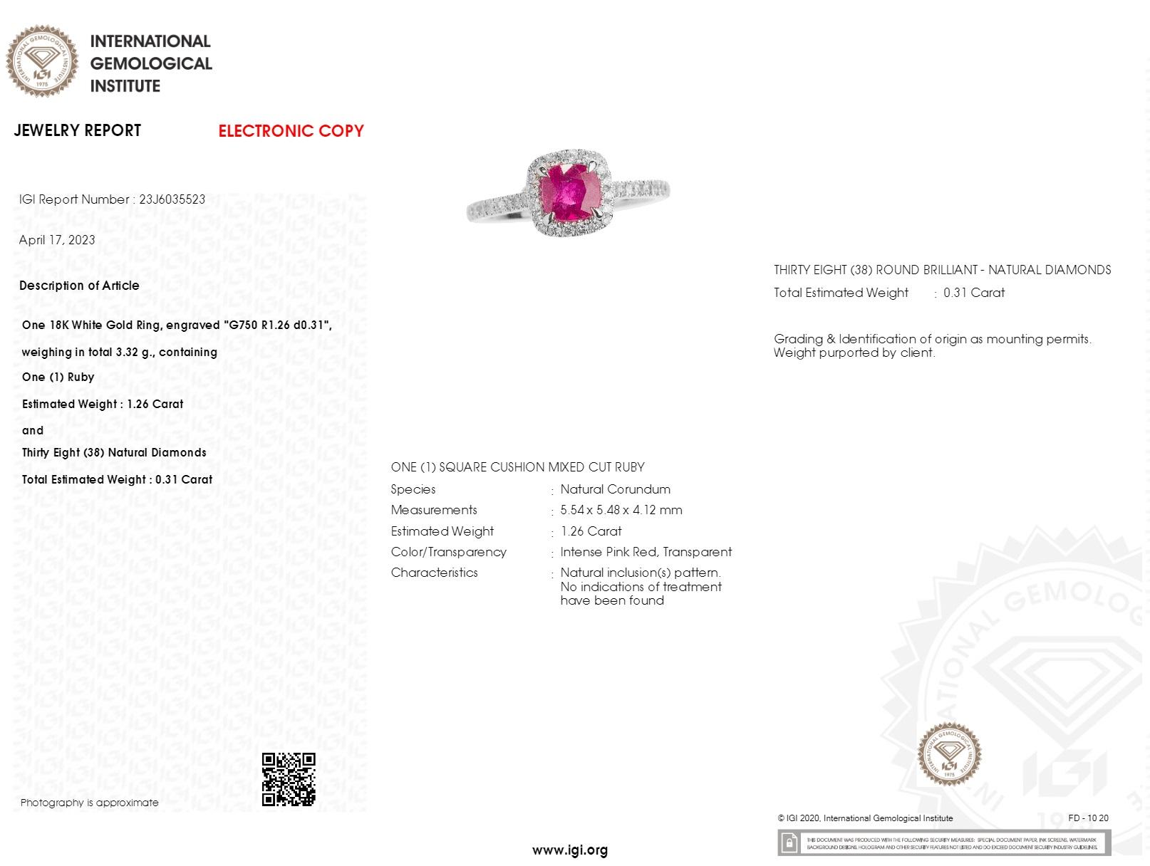Women's IGI Certified 1.26 Carat unheat Ruby & Diamond Ring in 18K White Gold For Sale