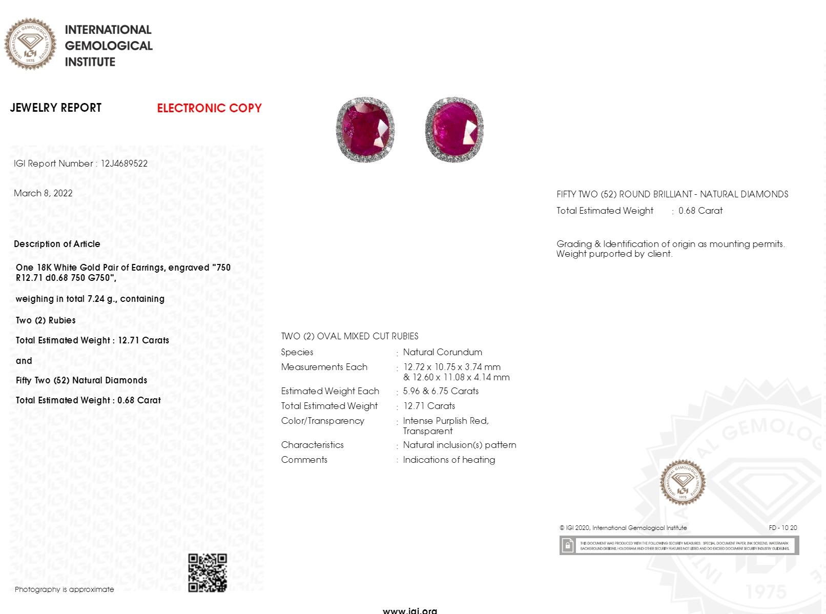 Orecchini con rubino e diamanti certificati IGI da 12,71 carati in oro bianco 18 carati in vendita 2