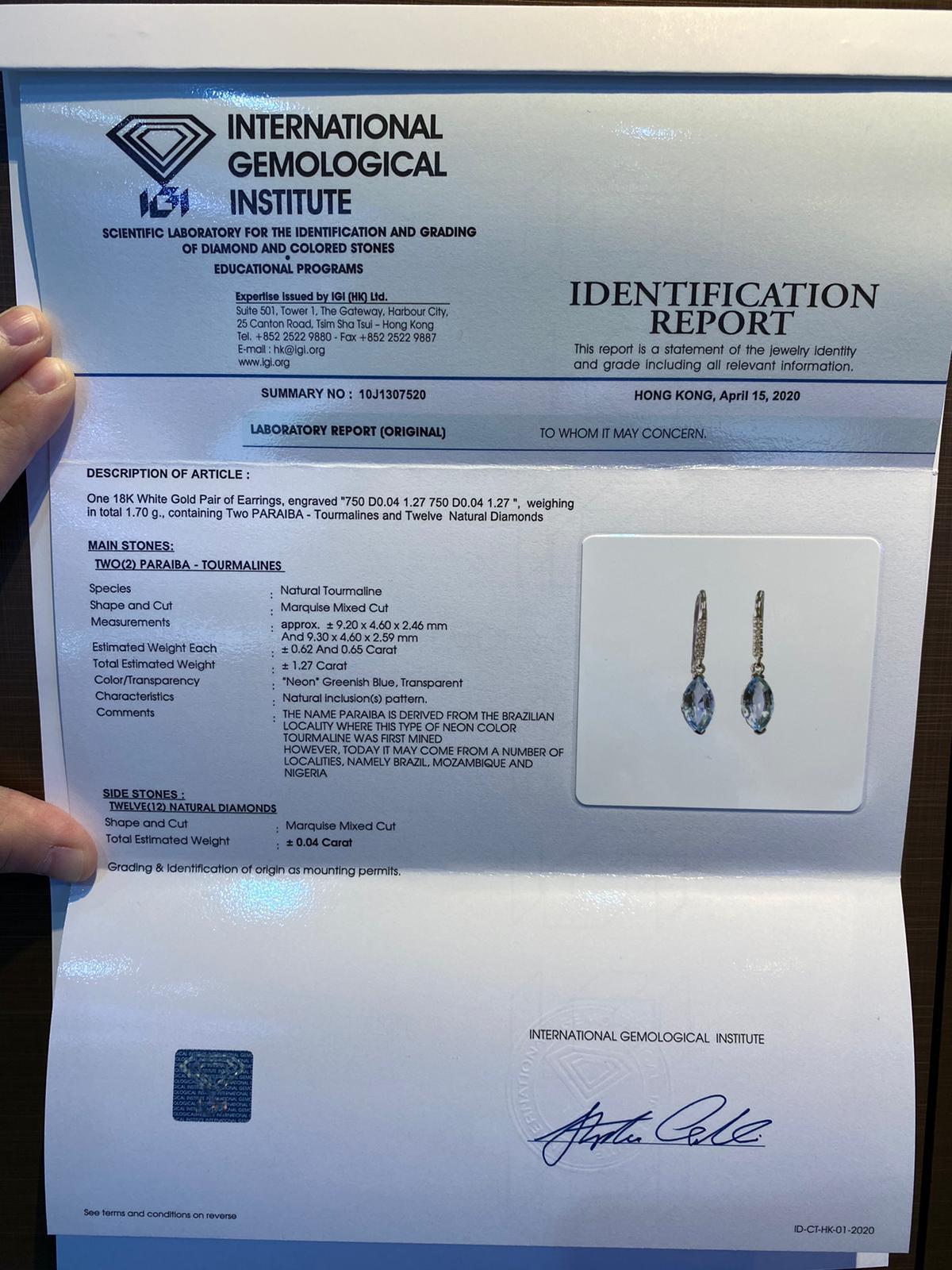 Marquise Cut IGI Certified 1.27 Carat Paraiba and Diamond Earrings in 18K White Gold For Sale