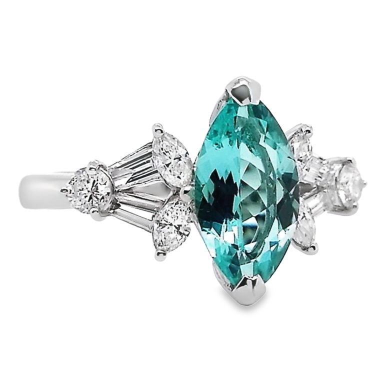 Bague en platine avec tourmaline Paraiba naturelle certifiée IGI de 1,28 carat et diamants de 0,55 carat en vente 2