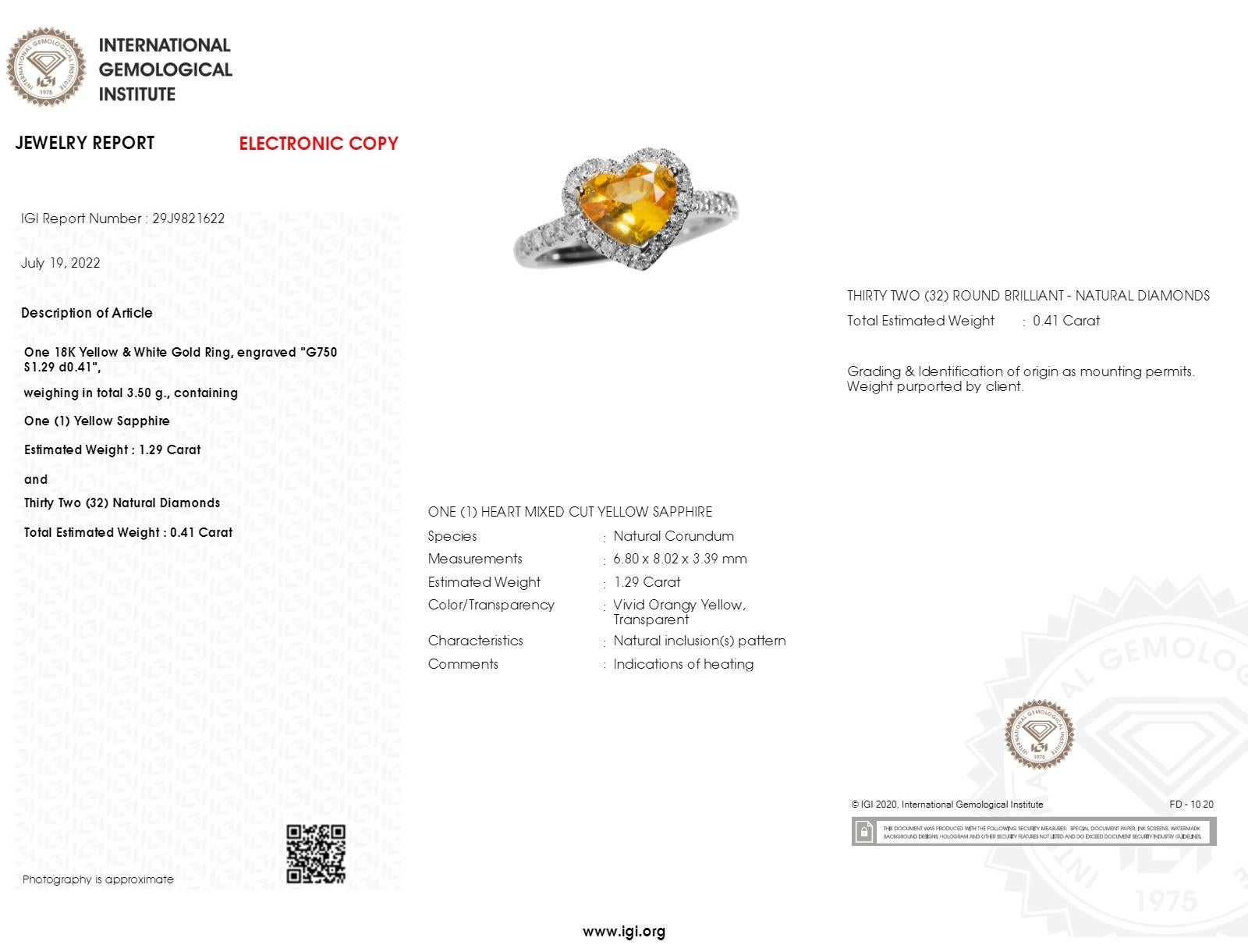 IGI Certified 1.29 Carat Heart Yellow Sapphire & Diamond Ring in 18K White Gold For Sale 1
