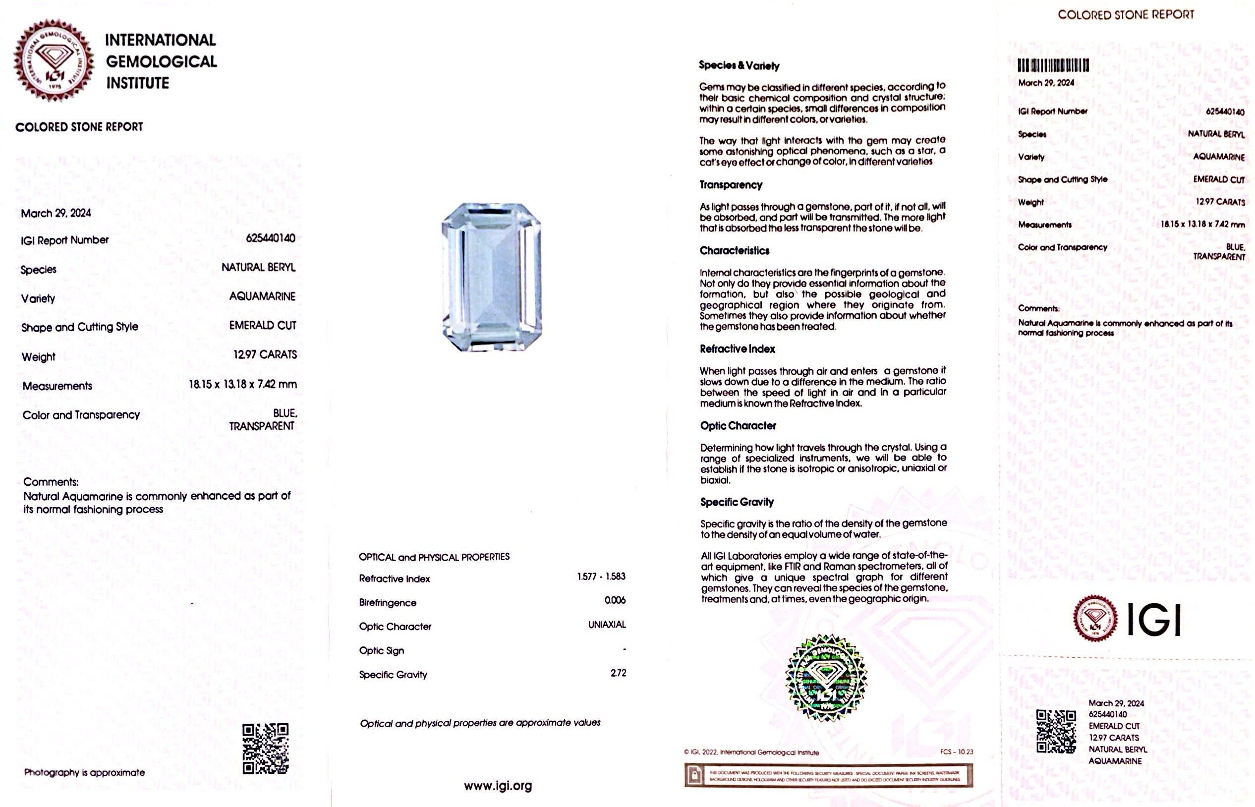 IGI Certified 13 Carat Natural Blue Aquamarine Diamond Platinum Ring For Sale 7