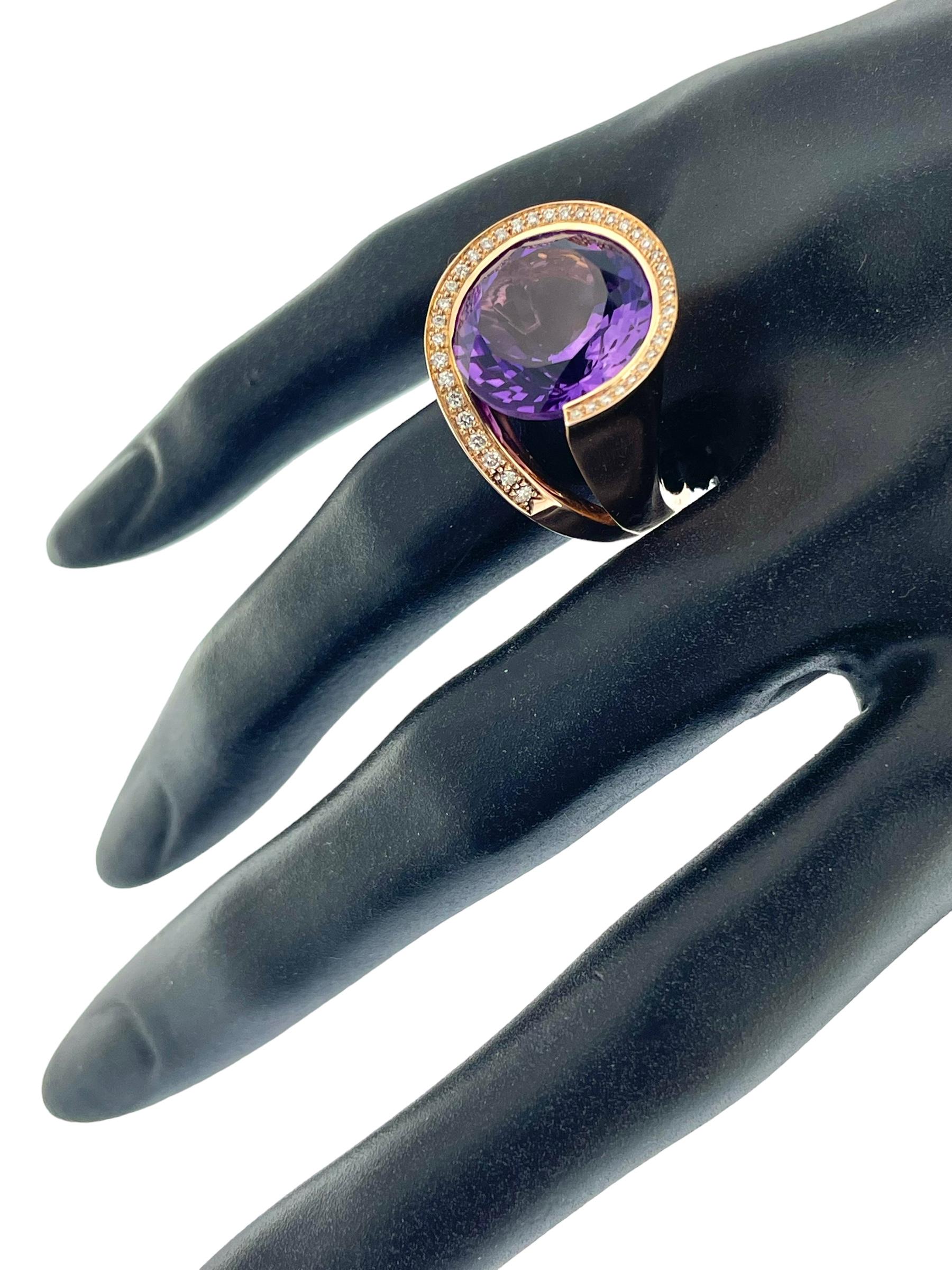 Contemporary IGI Certified 13.00 carat Amethyst and Diamonds Cocktail Ring Rose Gold For Sale
