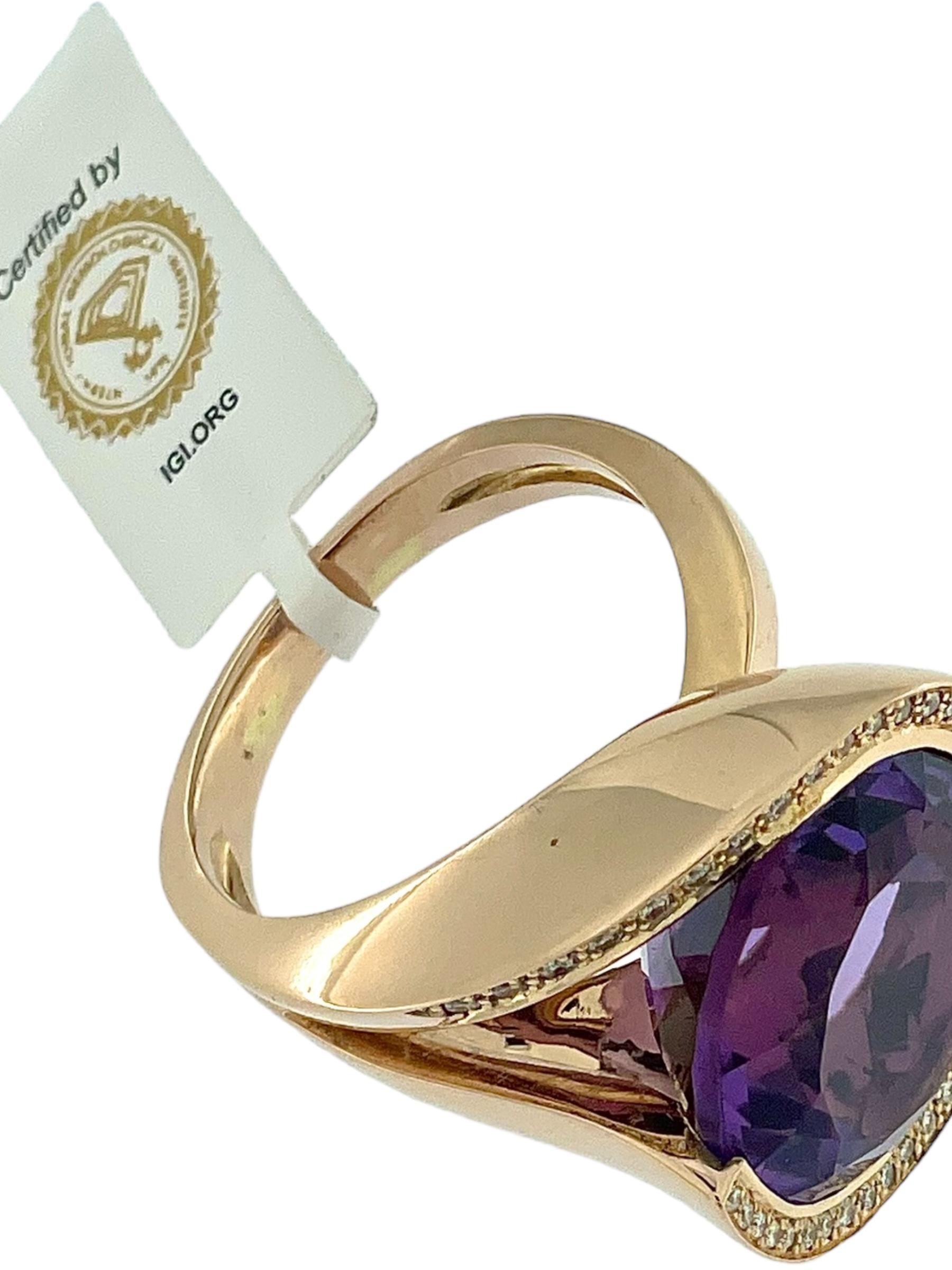 Women's or Men's IGI Certified 13.00 carat Amethyst and Diamonds Cocktail Ring Rose Gold For Sale