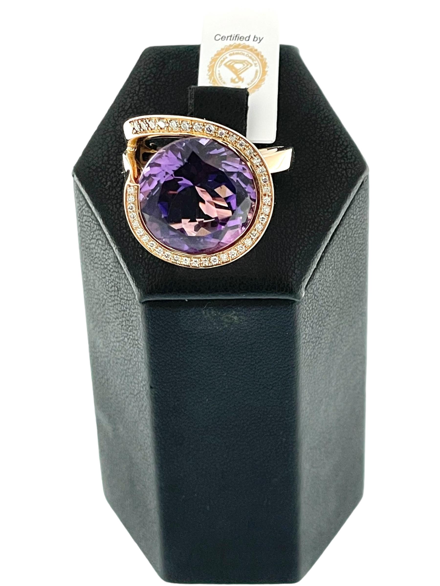 IGI Certified 13.00 carat Amethyst and Diamonds Cocktail Ring Rose Gold For Sale 2