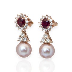 IGI Certified 13.20ct Ruby, Salt Water Pearl, and Diamonds Drop Earrings