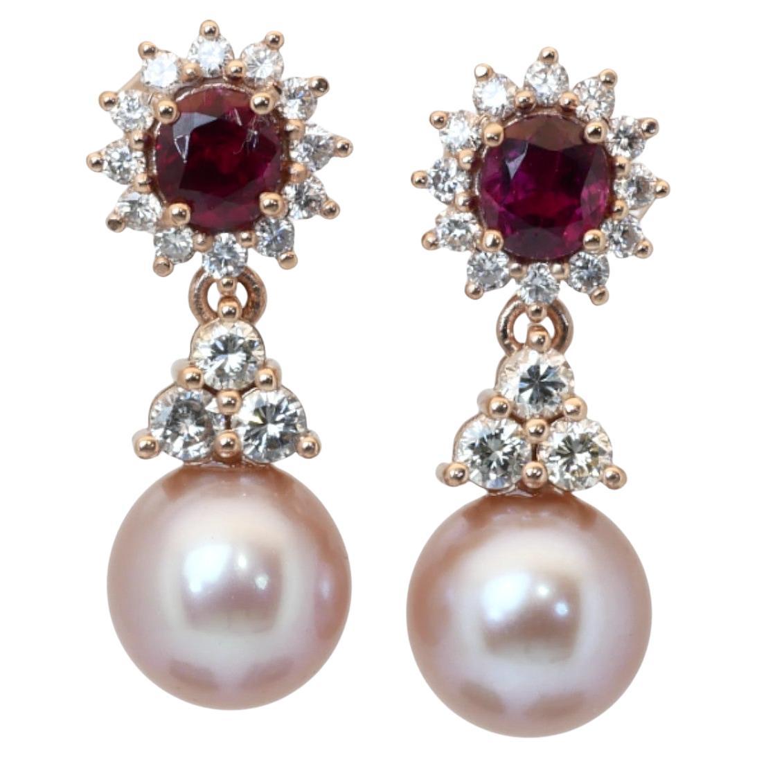 IGI Certified 13.20ct Ruby, Salt Water Pearl, and Diamonds Drop Earrings For Sale