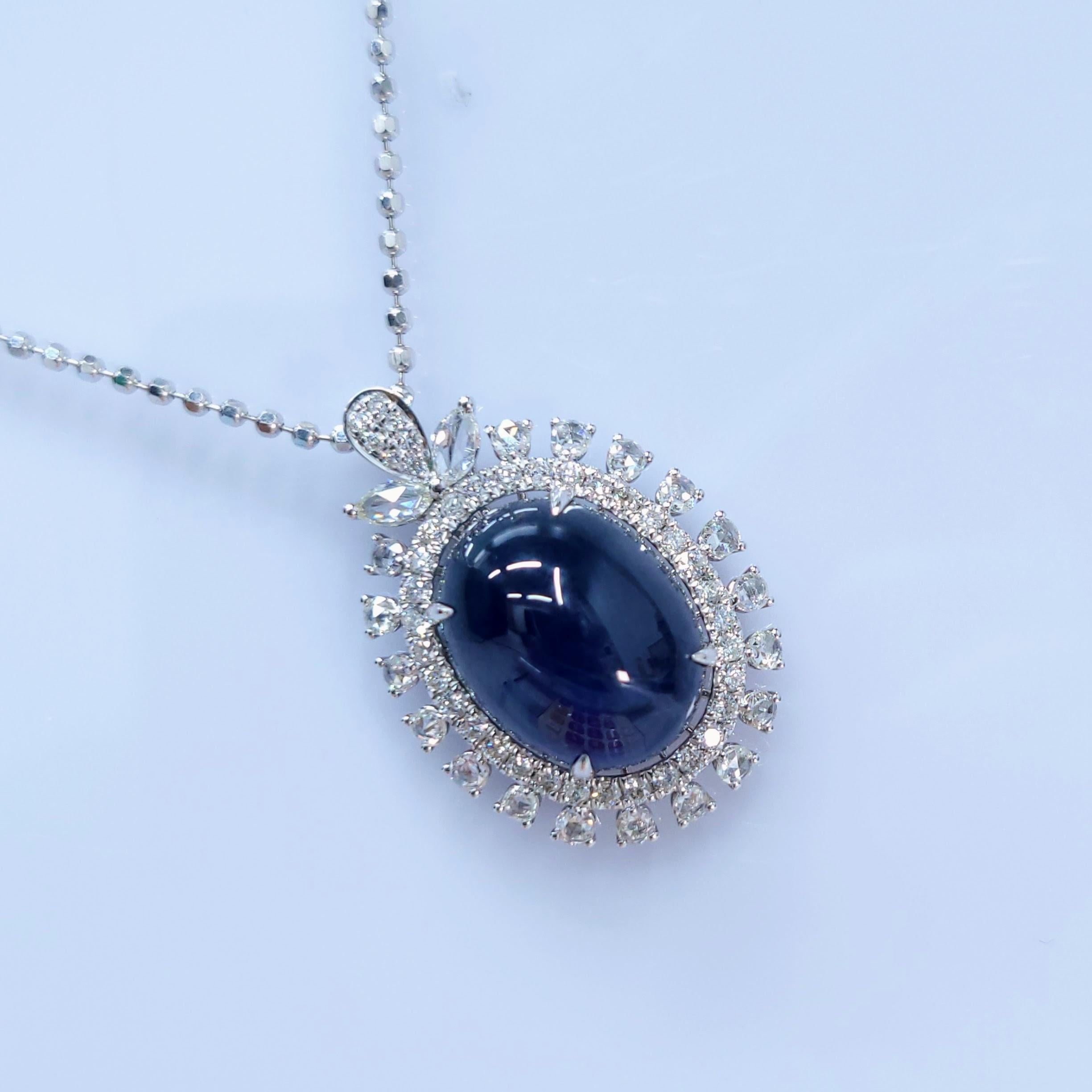 Women's IGI Certified 13.31 Carat Blue Sapphire & Diamond Pendant in 18K White Gold For Sale