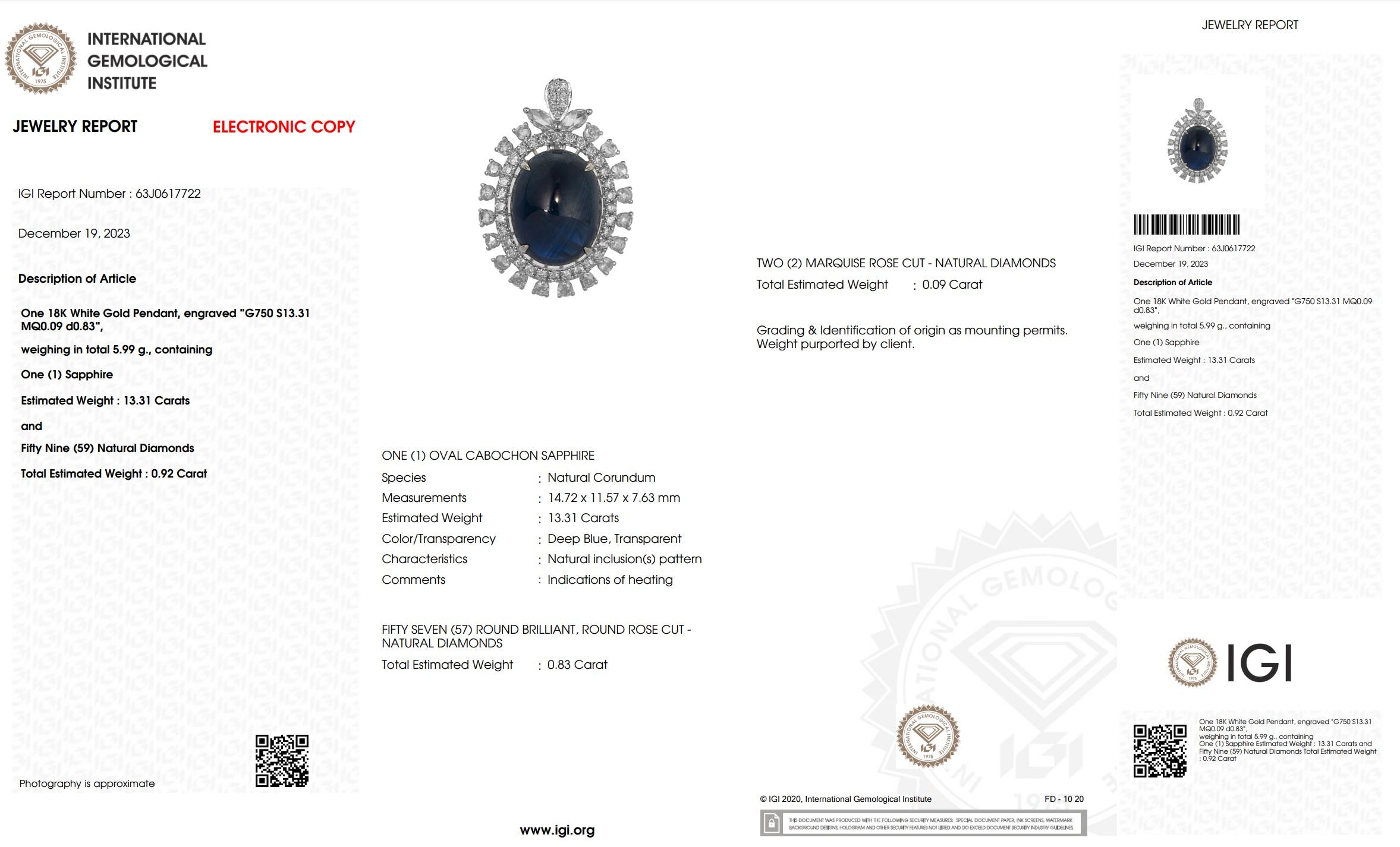 IGI Certified 13.31 Carat Blue Sapphire & Diamond Pendant in 18K White Gold For Sale 2