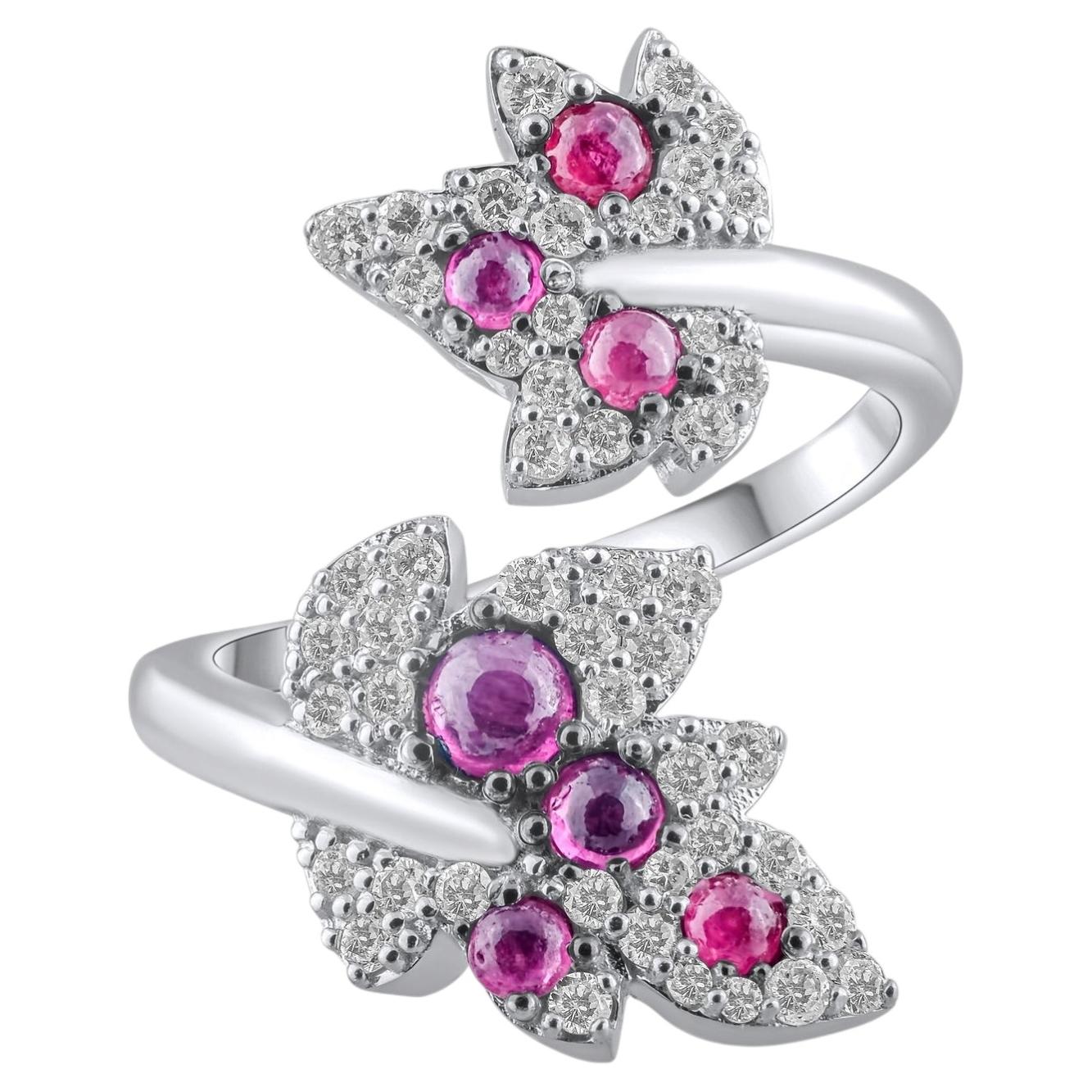 IGI Certified 1.34 Carat Diamond and Ruby Leaf Motif Ring 18K Gold