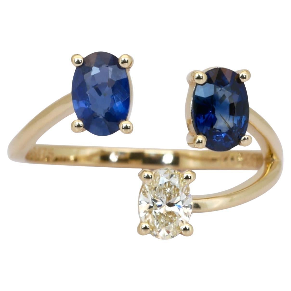 IGI Certified 1.34ct Diamonds, Sapphires and Diamond 3-Stone Ring For Sale