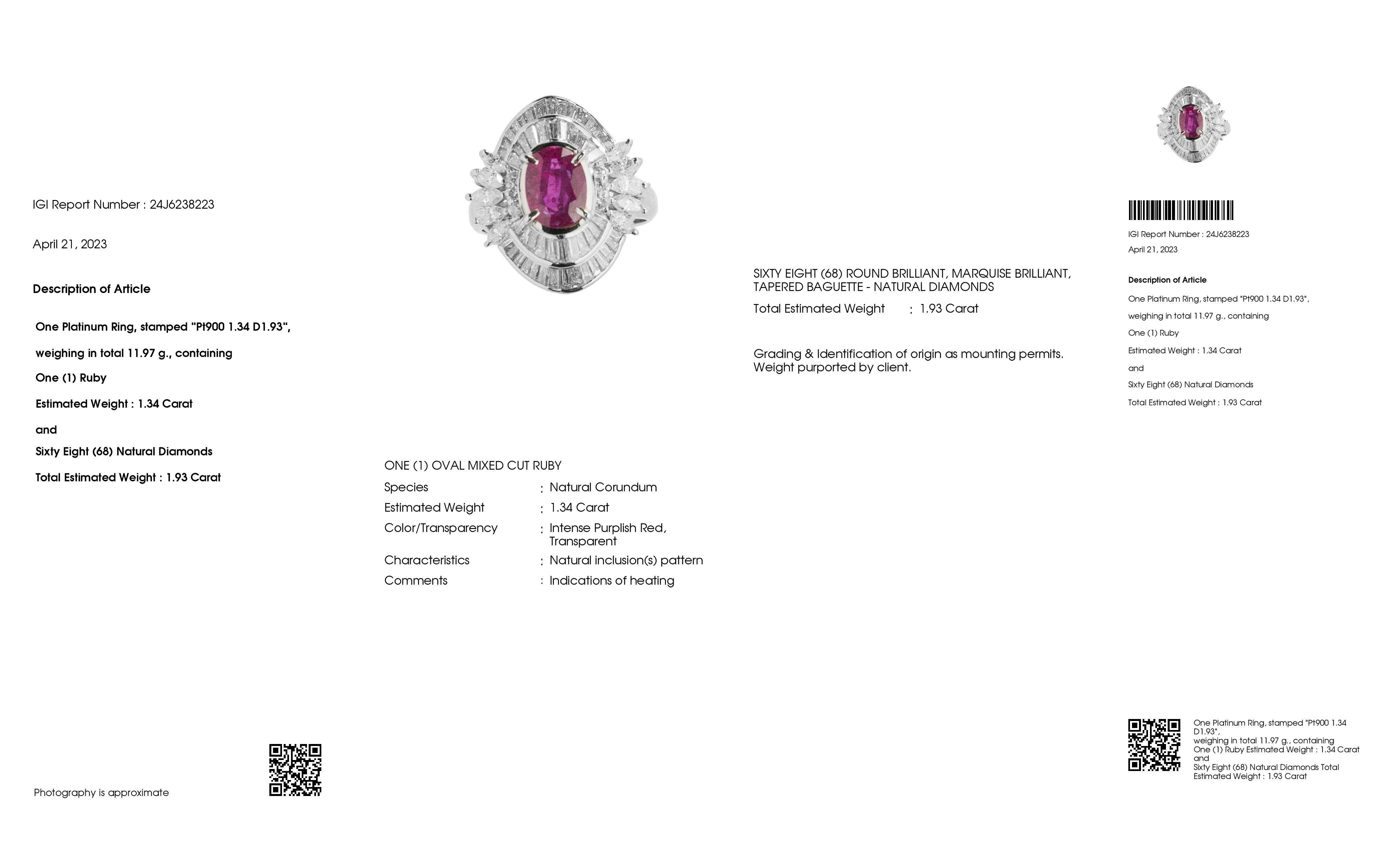 IGI Certified 1.34ct Natural Ruby and 1.93ct Natural Diamonds Platinum Ring 2
