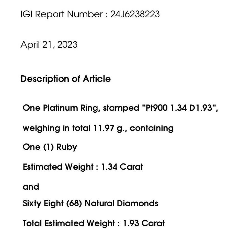 IGI Certified 1.34ct Natural Ruby and 1.93ct Natural Diamonds Platinum Ring 4