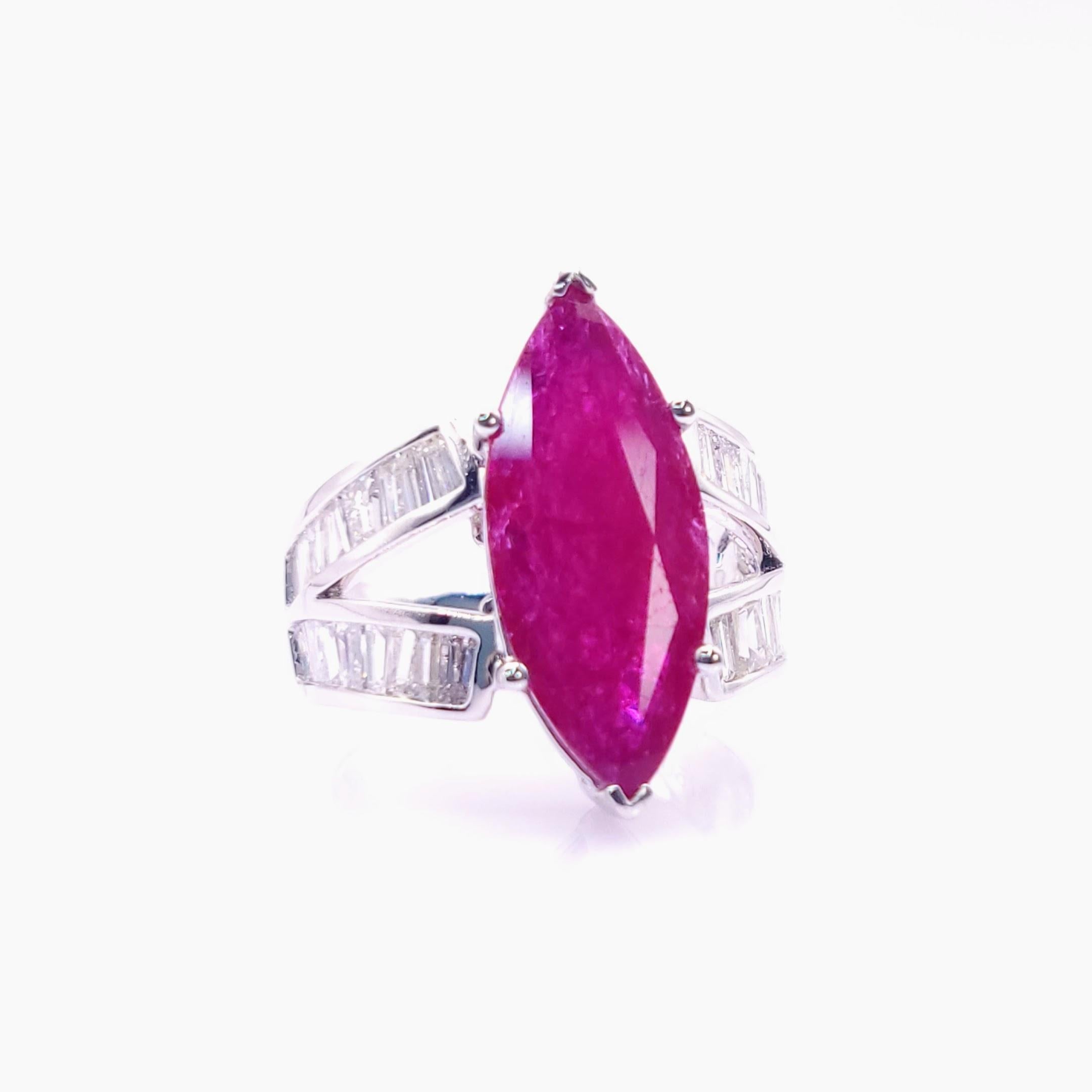 Marquise Cut IGI Certified 4.95Carat Ruby & Diamond Ring in 18K White Gold For Sale