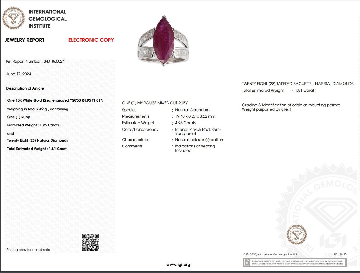 IGI Certified 4.95Carat Ruby & Diamond Ring in 18K White Gold For Sale 1