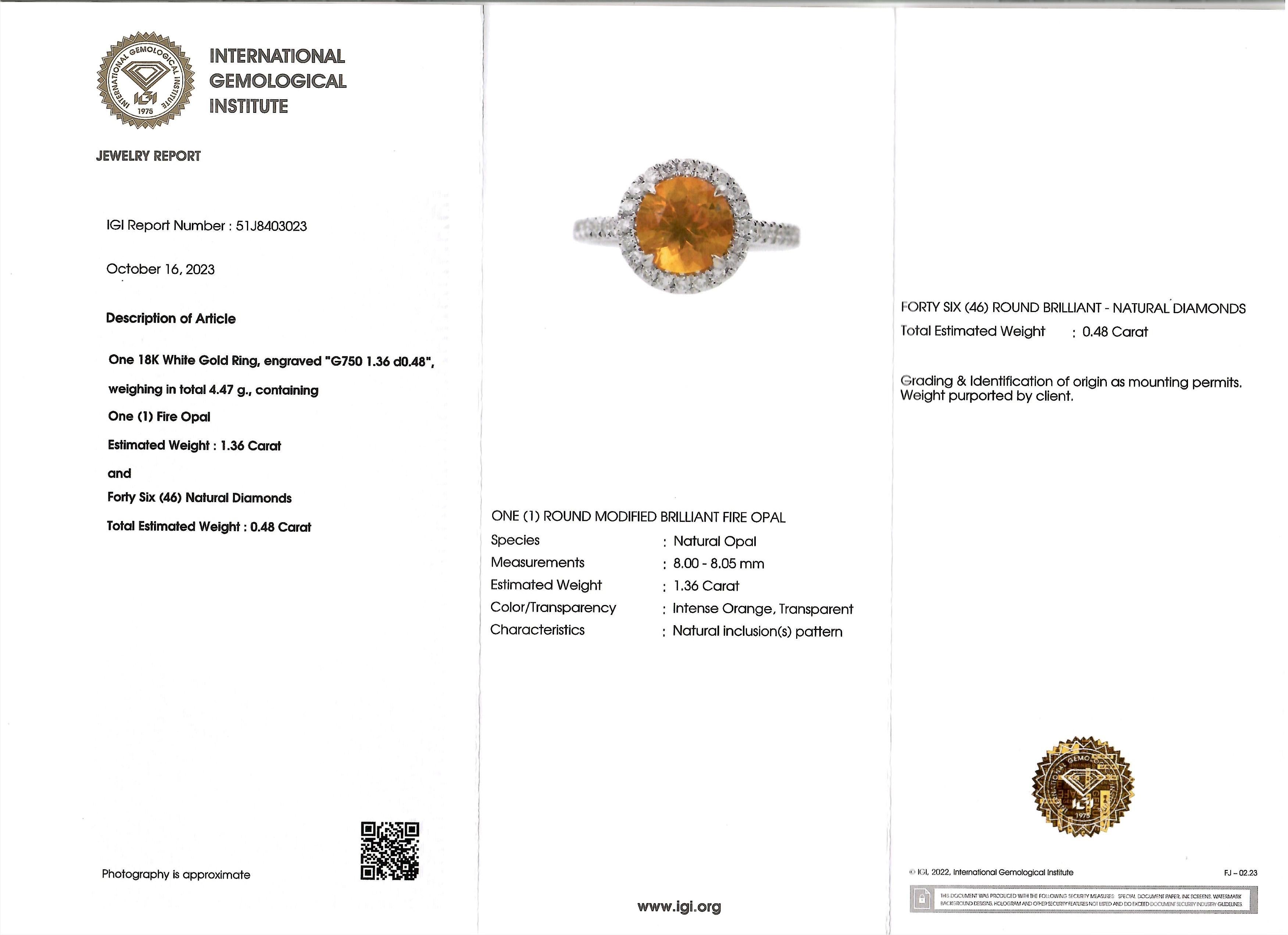 IGI Certified 1.36 Carat México Fire Opal & Diamond Ring in 18K White Gold For Sale 1