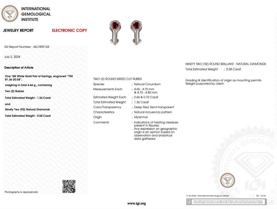 Moderne Boucles d'oreilles en or blanc 18 carats certifiées IGI avec rubis de Birmanie et diamants de 1,36ct en vente