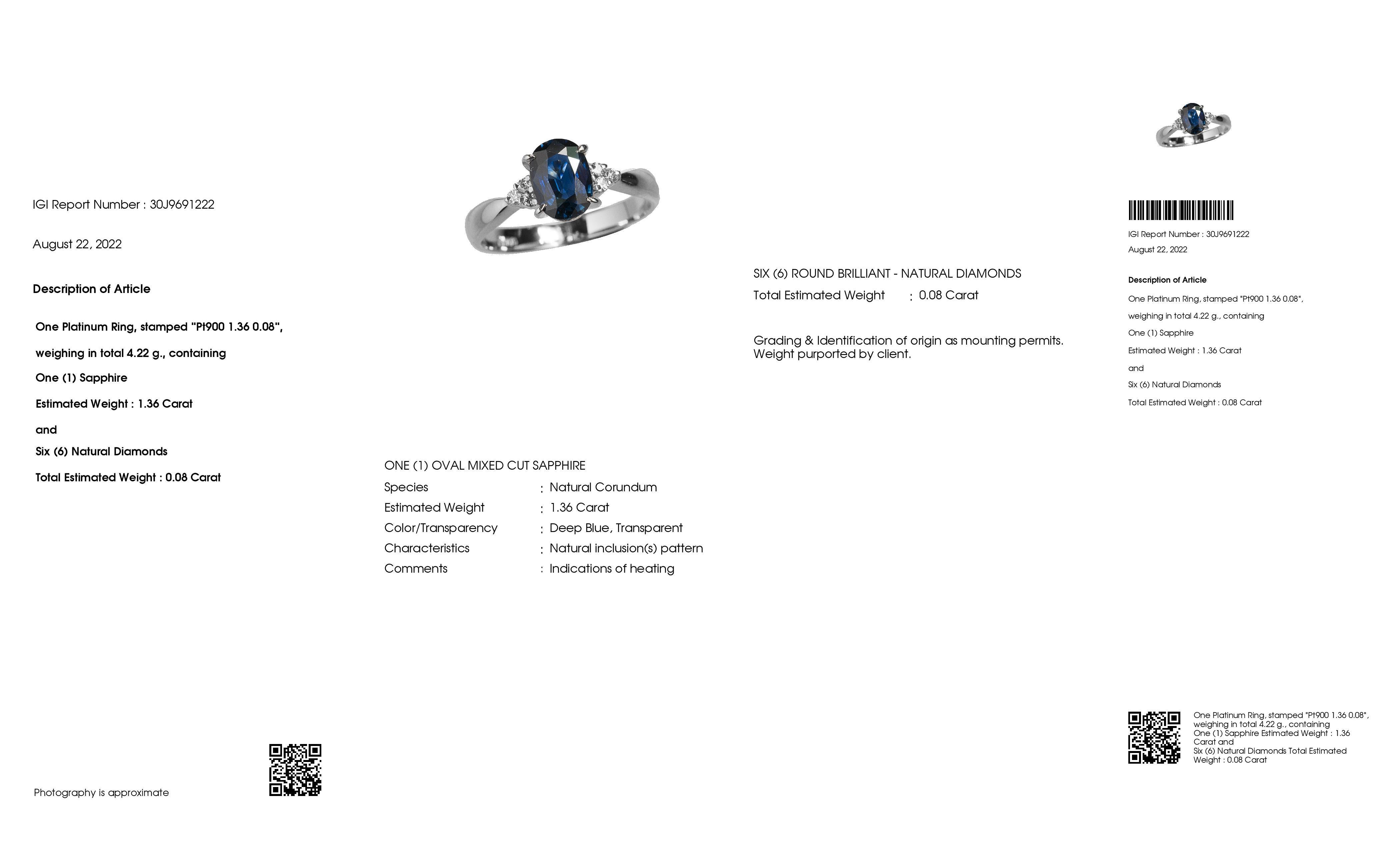 Women's or Men's IGI Certified 1.36ct Natural Sapphire and 0.08ct Natural Diamonds Platinum Ring