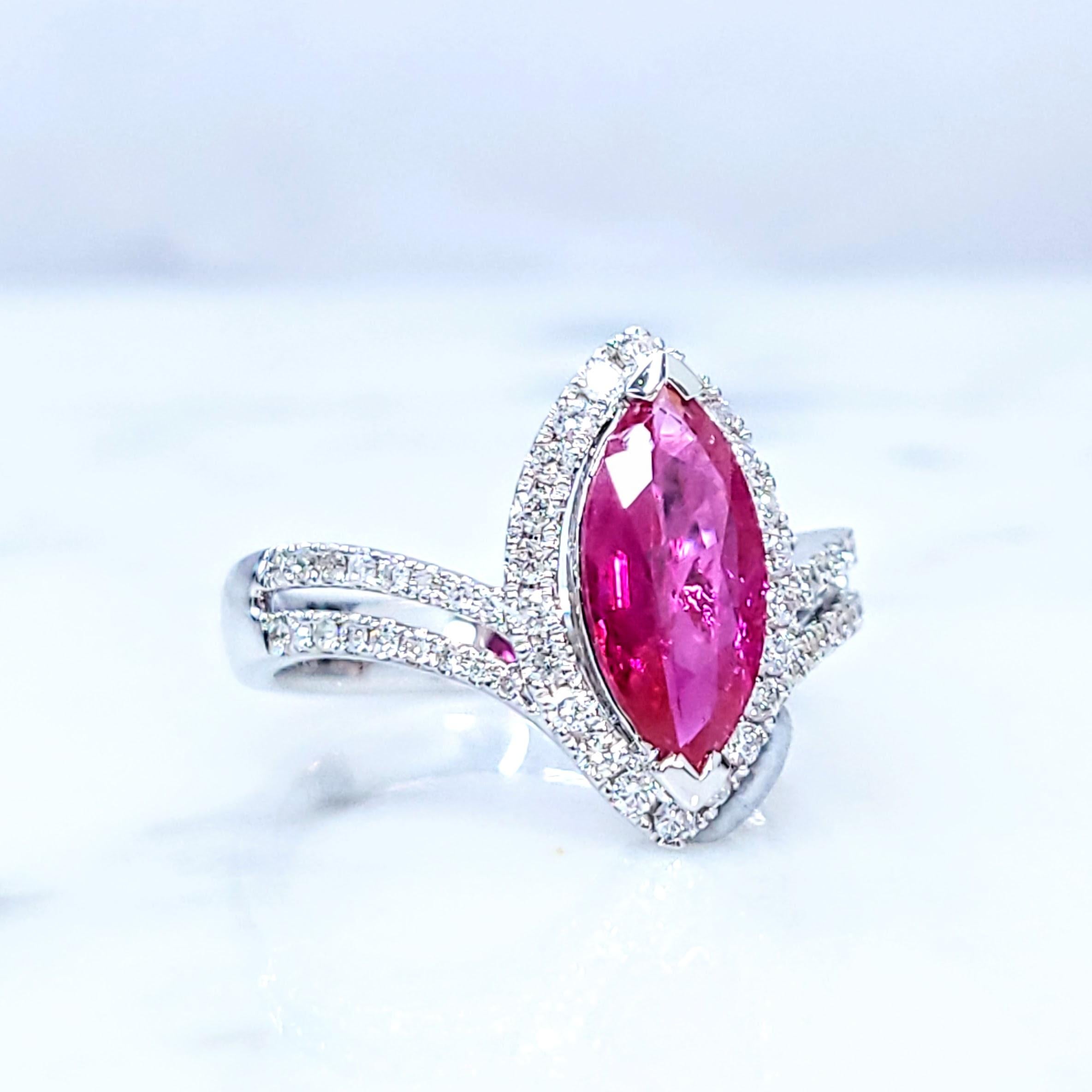 Marquise Cut IGI Certified 1.37 Carat Burma Ruby & Diamond Ring in 18K White Gold For Sale