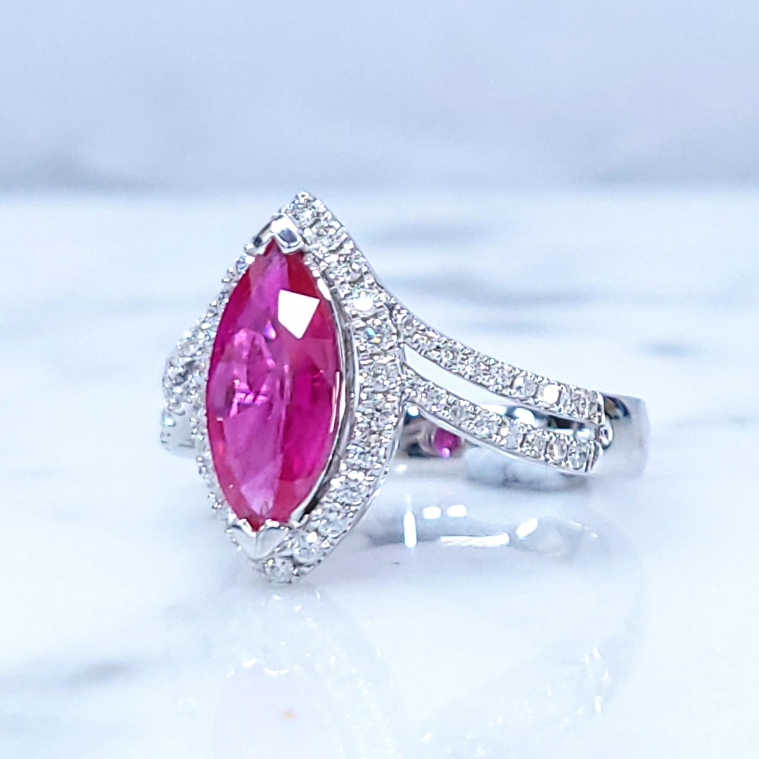 Women's IGI Certified 1.37 Carat Burma Ruby & Diamond Ring in 18K White Gold For Sale