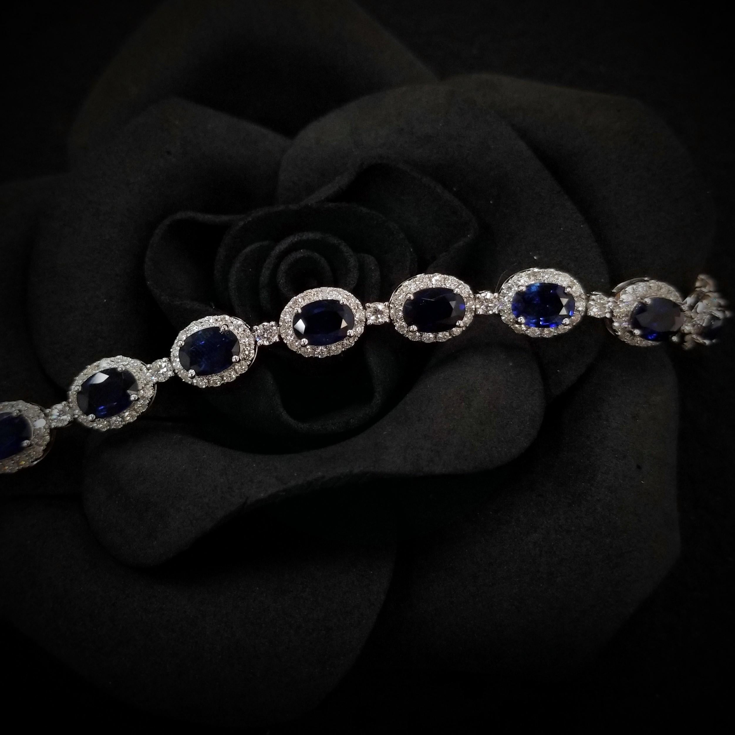 Oval Cut IGI Certified 13.93 Ct Sapphire & Diamond Eternity Bracelet in 18K White Gold For Sale