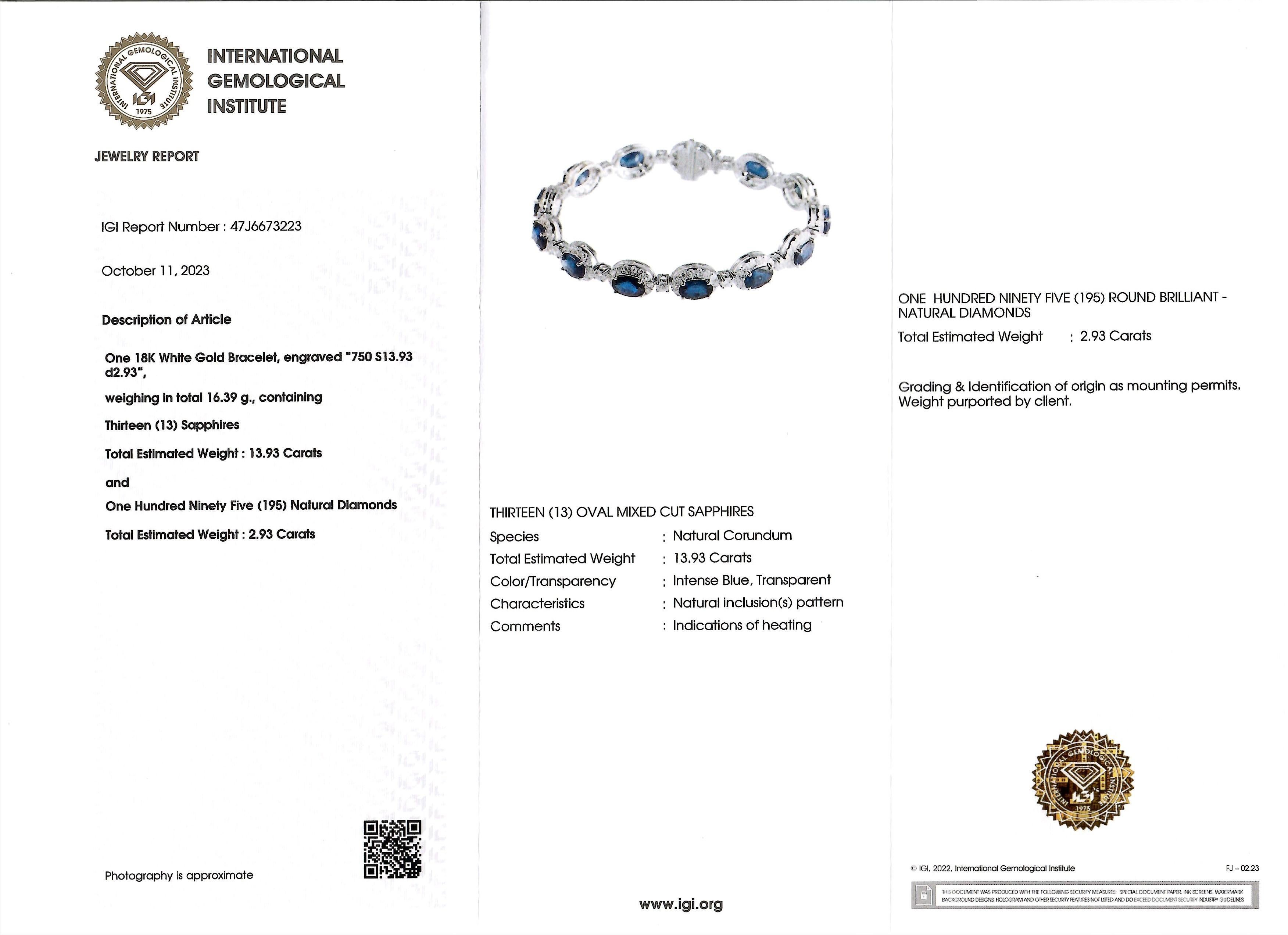 Women's IGI Certified 13.93 Ct Sapphire & Diamond Eternity Bracelet in 18K White Gold For Sale