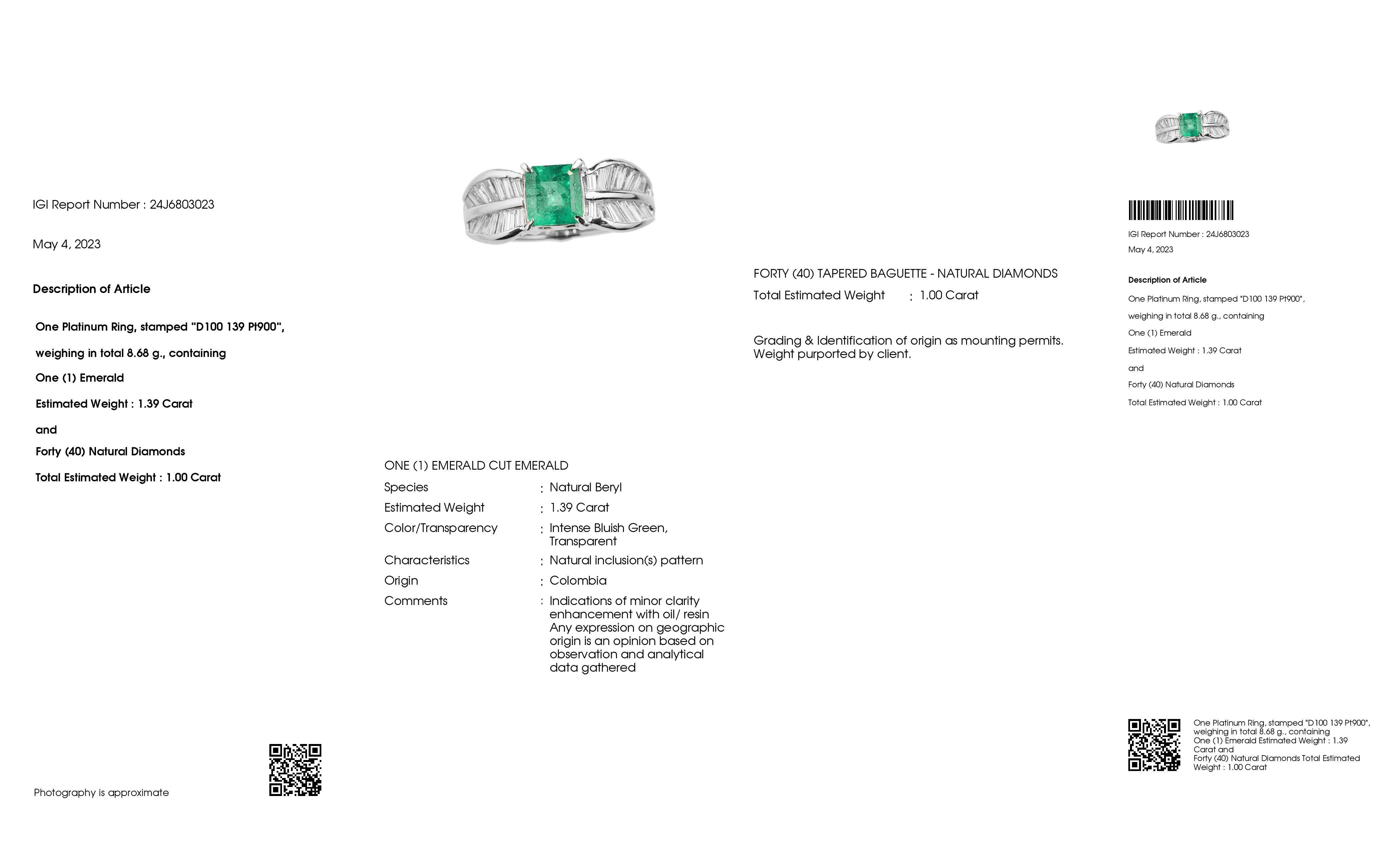 Emerald Cut IGI Certified 1.39ct Colombia Emerald and 1.00ct Natural Diamond Platinum Ring